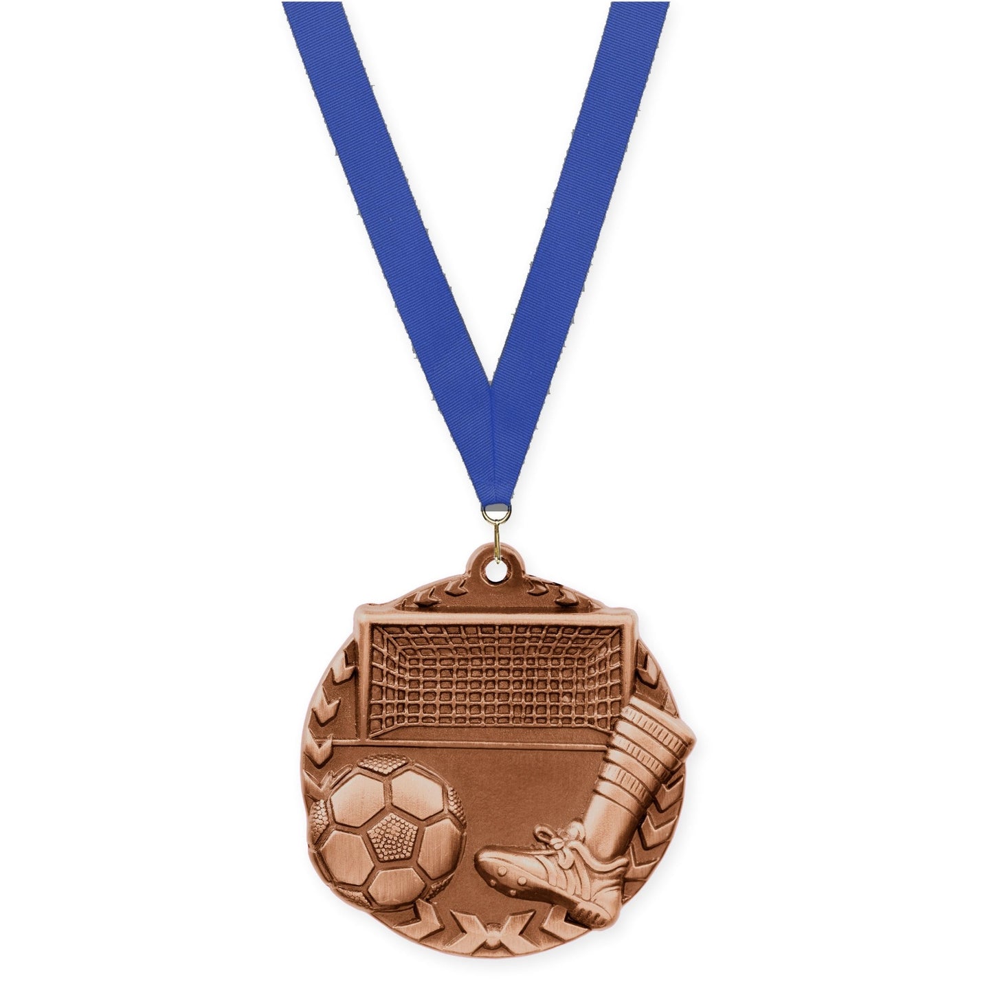 1 3/4 inch soccer Millennium medal in antique bronze with Blue neck ribbon