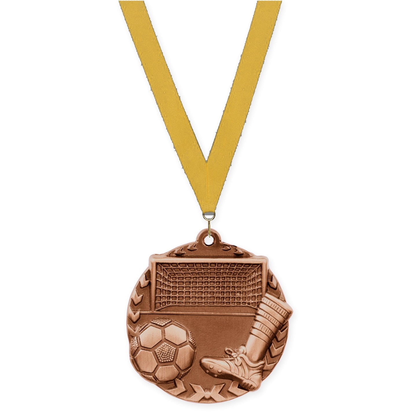 1 3/4 inch soccer Millennium medal in antique bronze with Gold neck ribbon