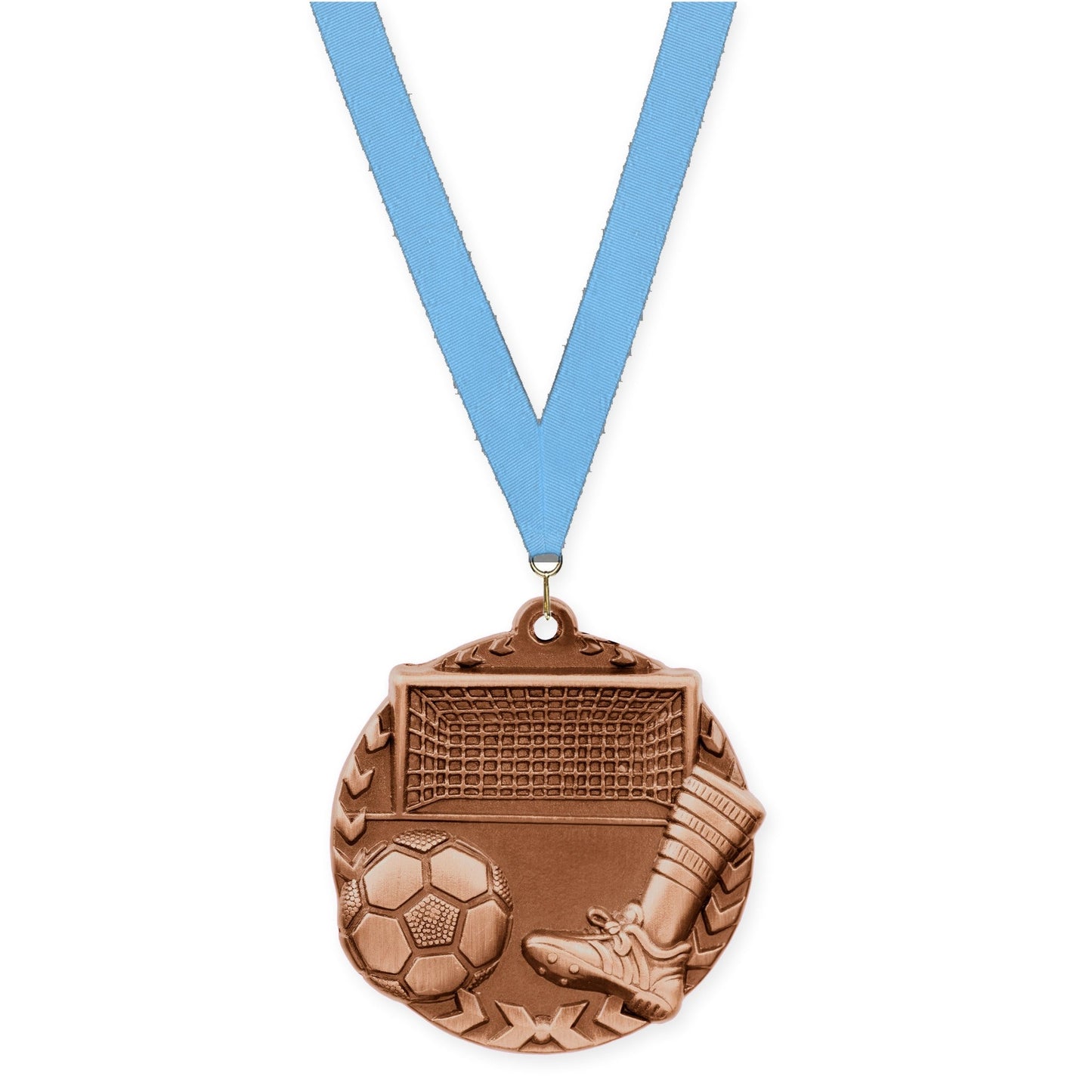 1 3/4 inch soccer Millennium medal in antique bronze with Light Blue neck ribbon