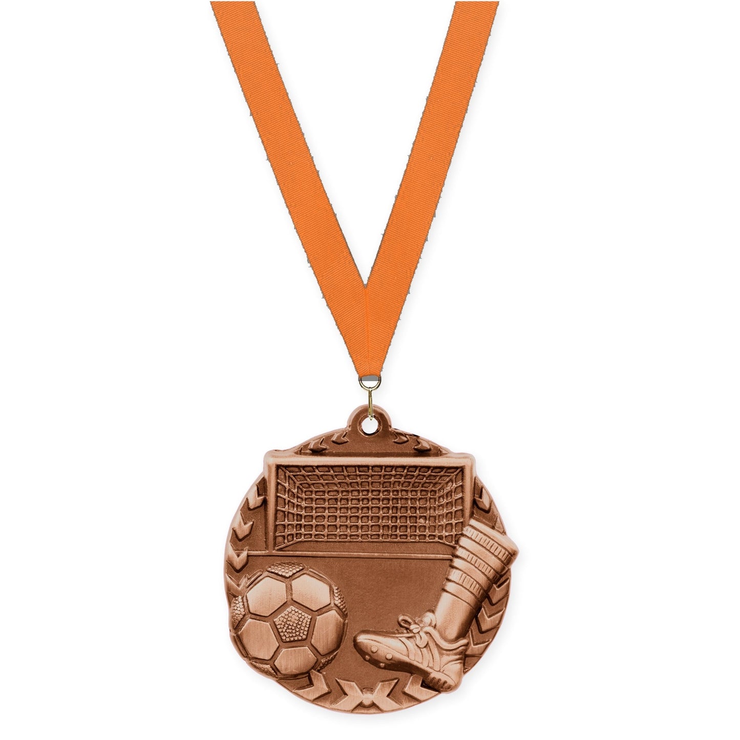 1 3/4 inch soccer Millennium medal in antique bronze with Orange neck ribbon