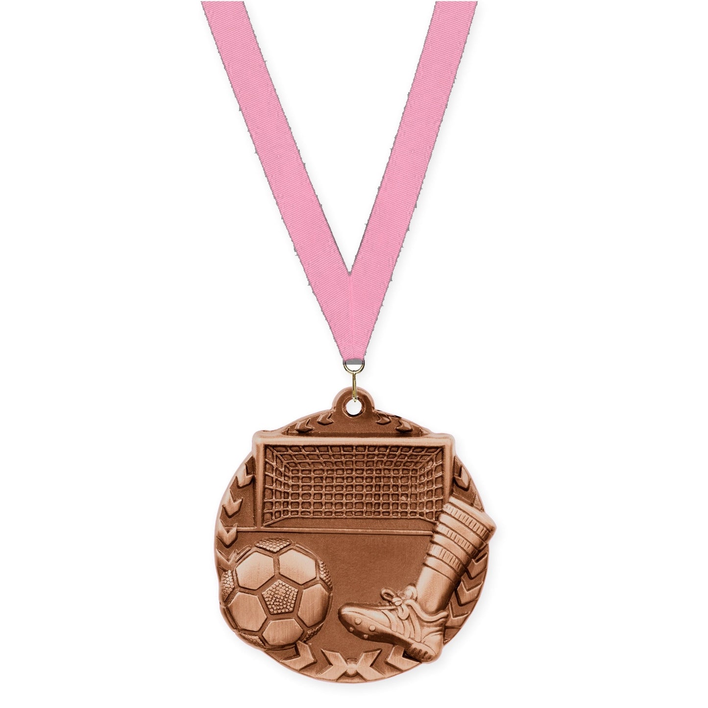 1 3/4 inch soccer Millennium medal in antique bronze with Pink neck ribbon