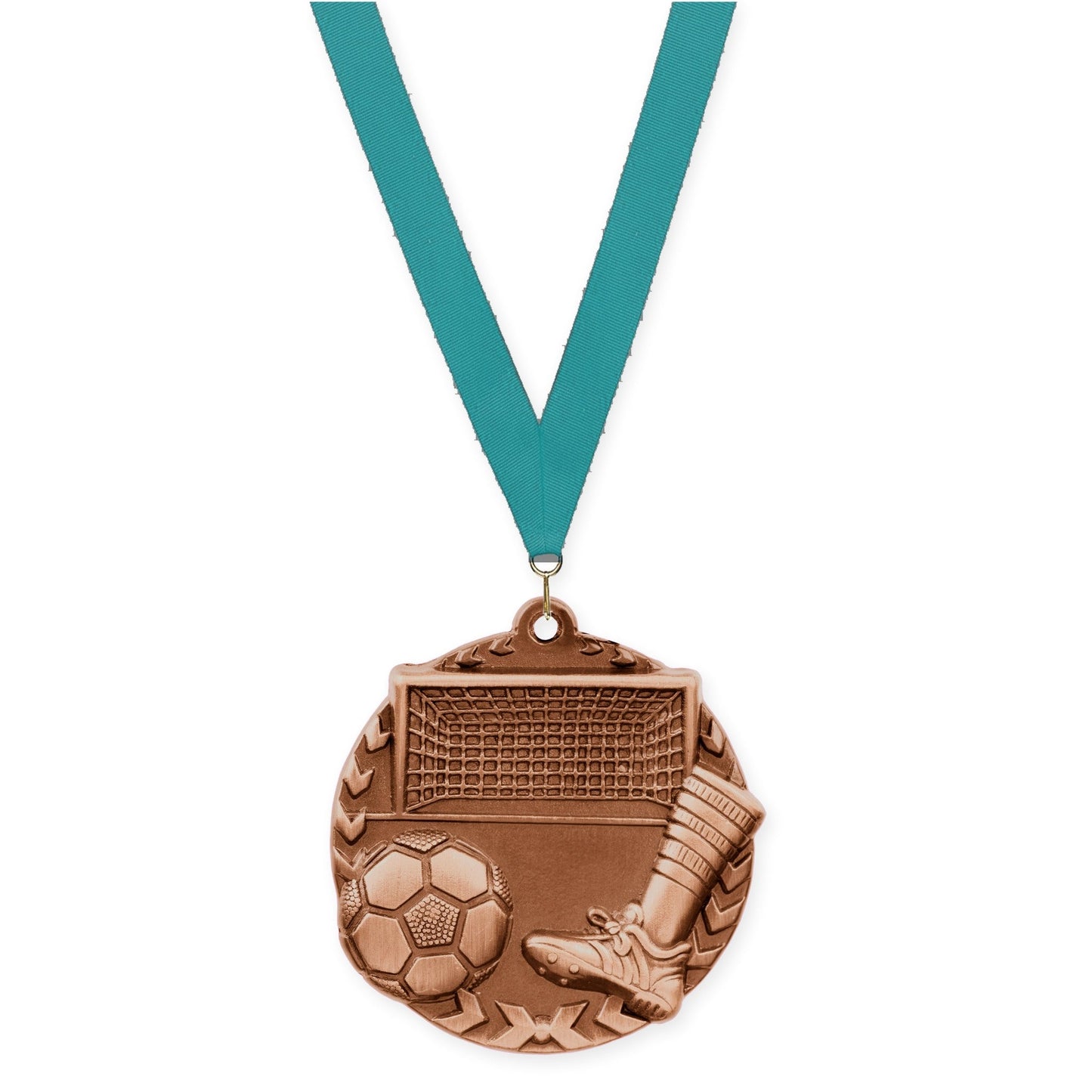 1 3/4 inch soccer Millennium medal in antique bronze with Teal neck ribbon