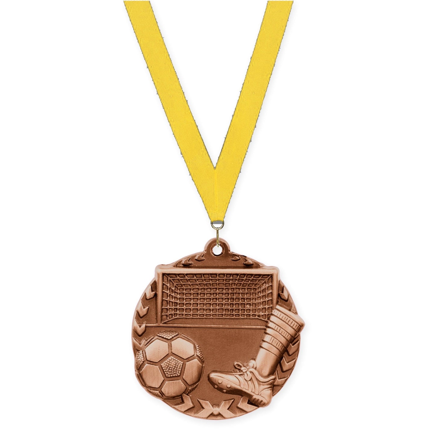 1 3/4 inch soccer Millennium medal in antique bronze with Yellow neck ribbon