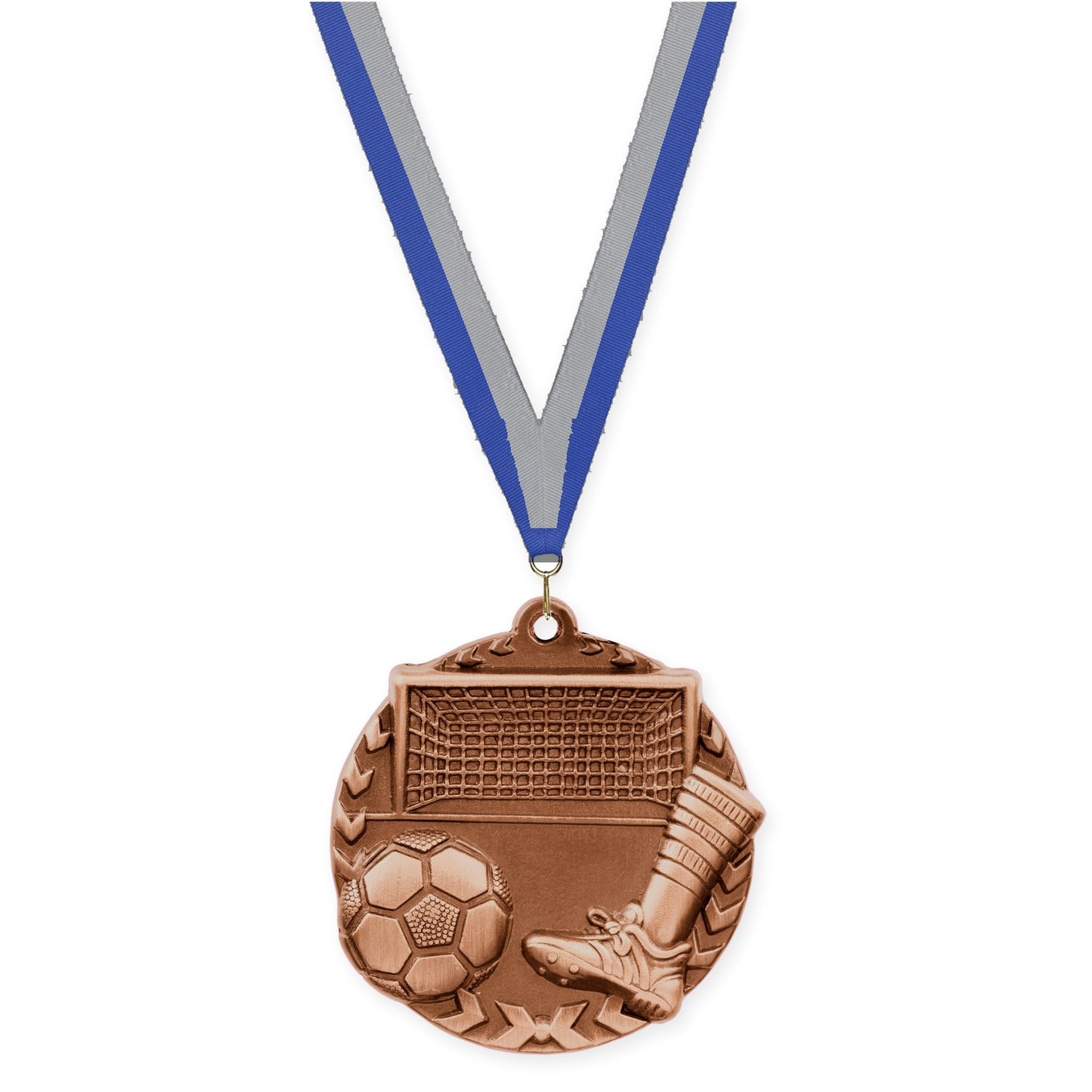 1 3/4 inch soccer Millennium medal in antique bronze with Blue Gray neck ribbon