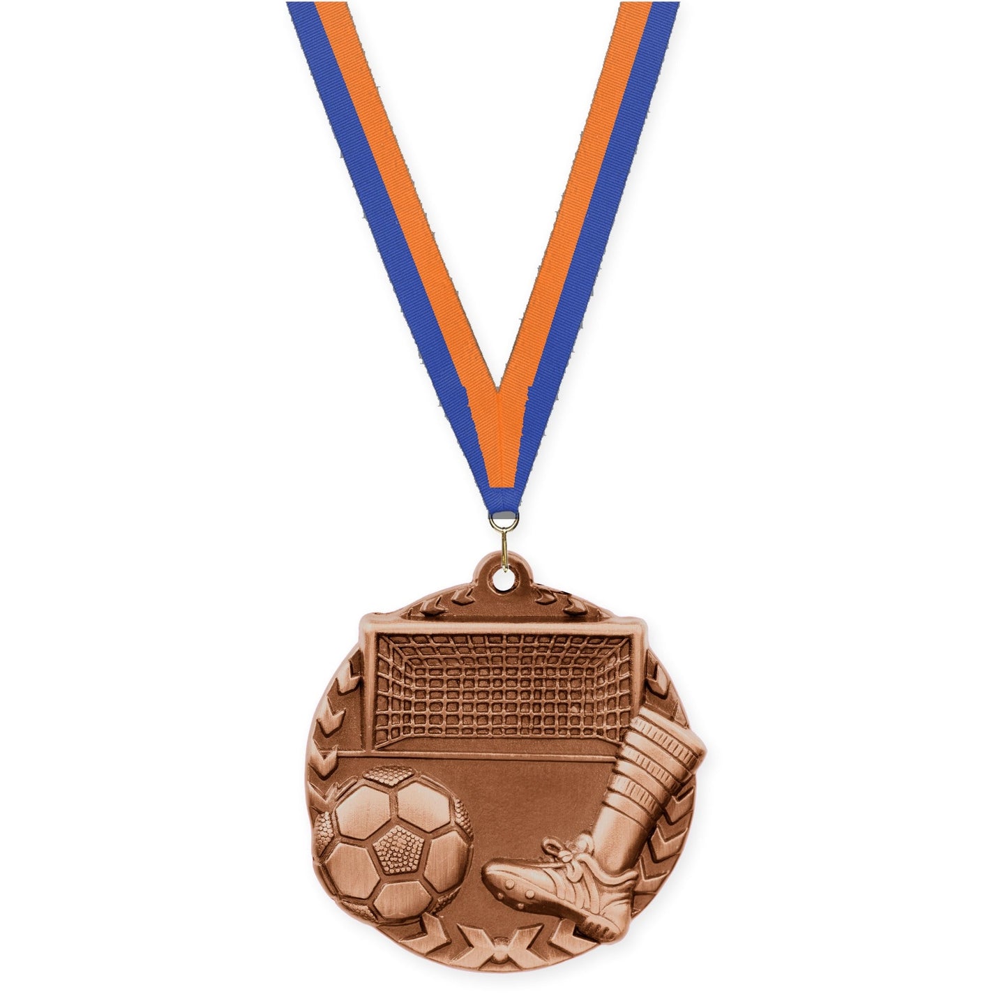 1 3/4 inch soccer Millennium medal in antique bronze with Blue Orange neck ribbon