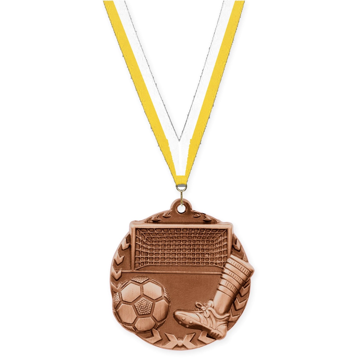 1 3/4 inch soccer Millennium medal in antique bronze with Yellow White neck ribbon