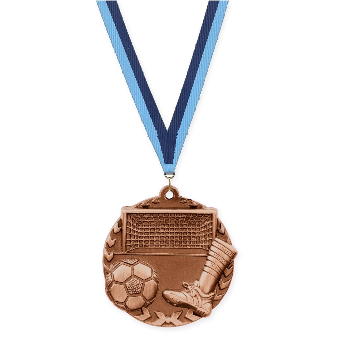 1 3/4 inch soccer Millennium medal in antique bronze with Light Blue Navy neck ribbon