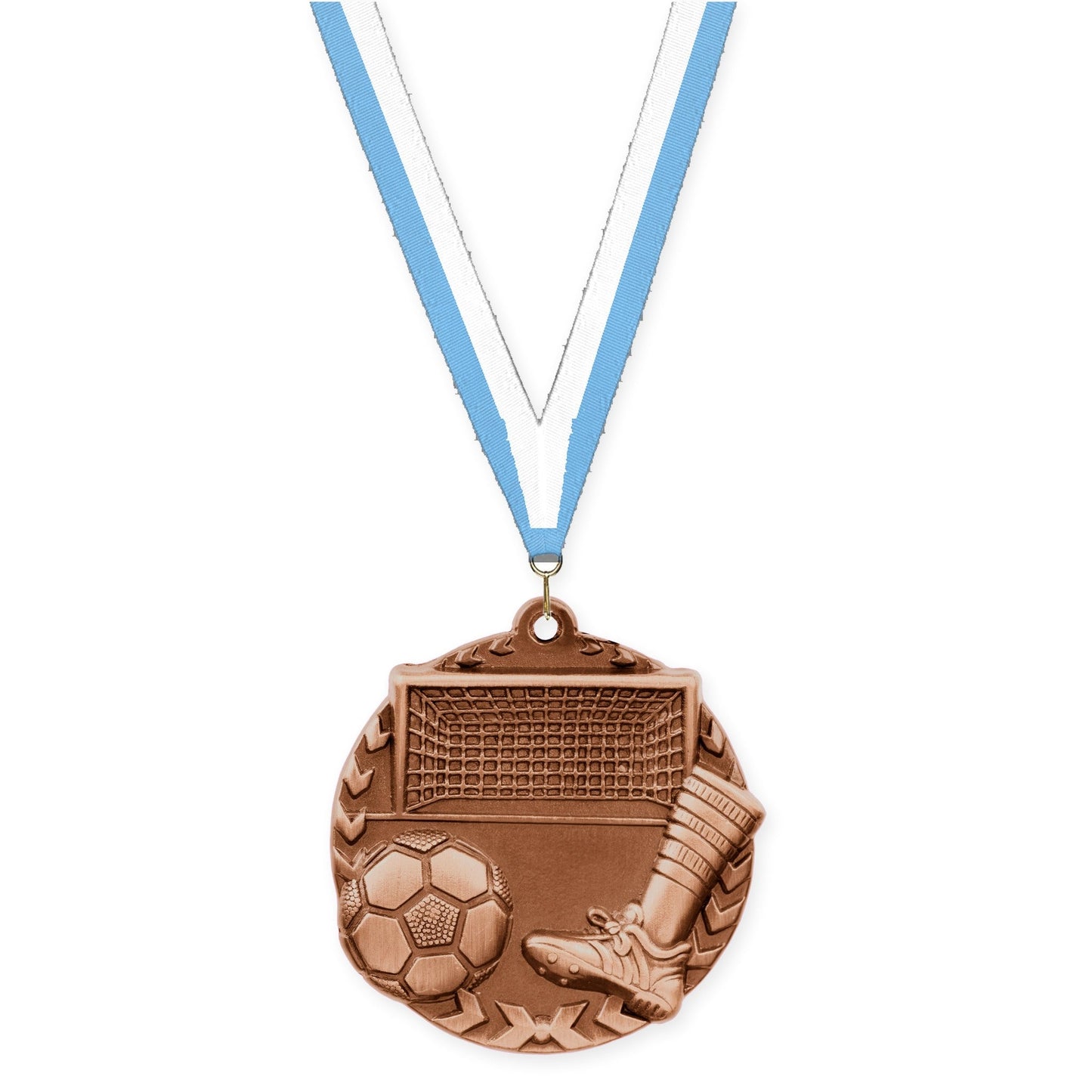 1 3/4 inch soccer Millennium medal in antique bronze with Light Blue White neck ribbon