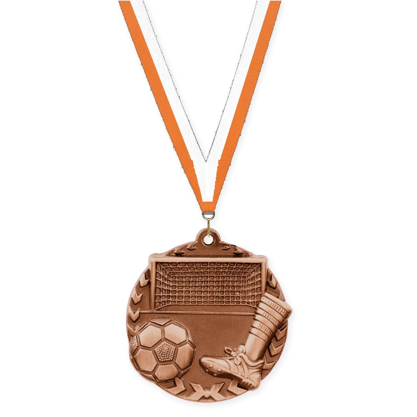 1 3/4 inch soccer Millennium medal in antique bronze with Orange White neck ribbon