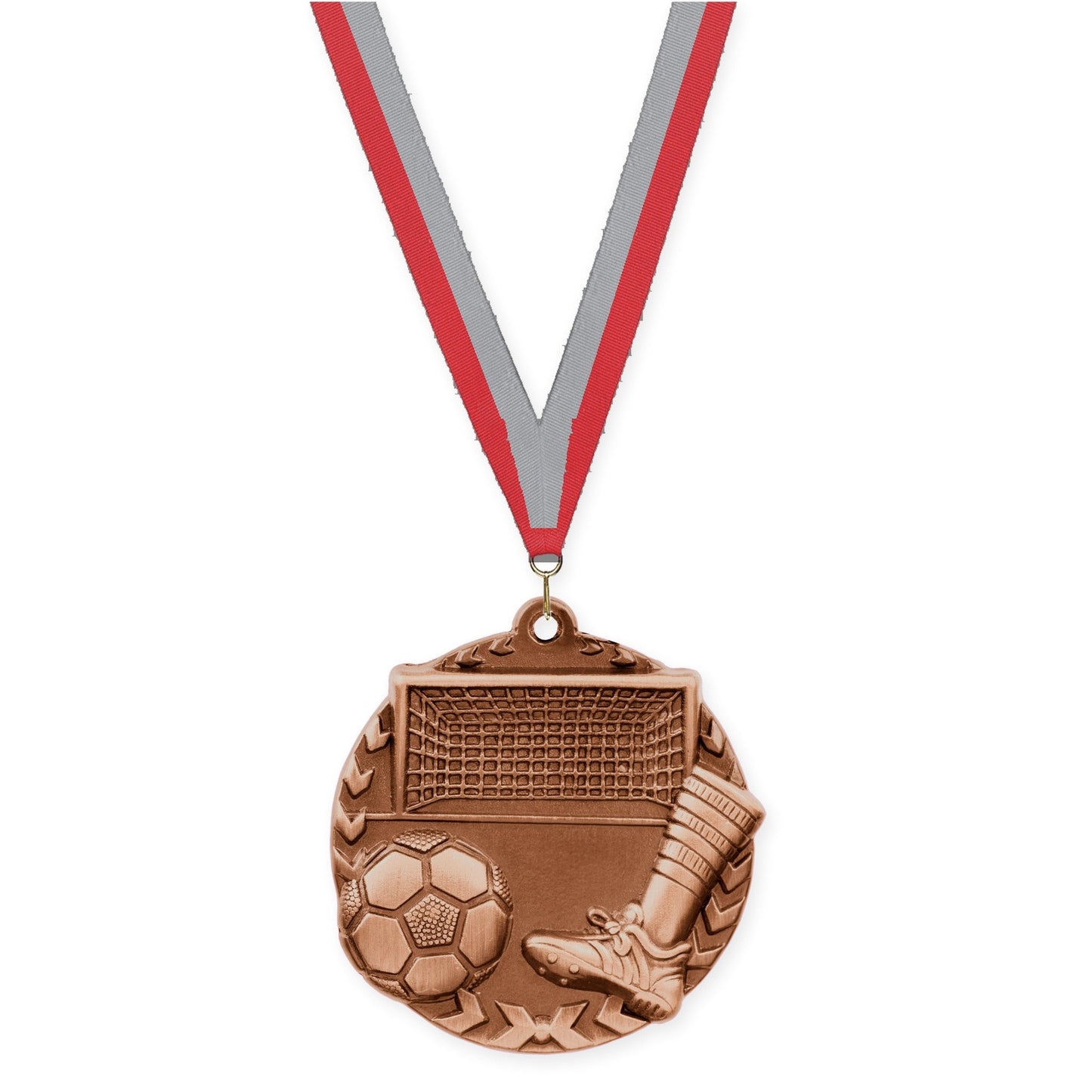 1 3/4 inch soccer Millennium medal in antique bronze with Red Gray neck ribbon