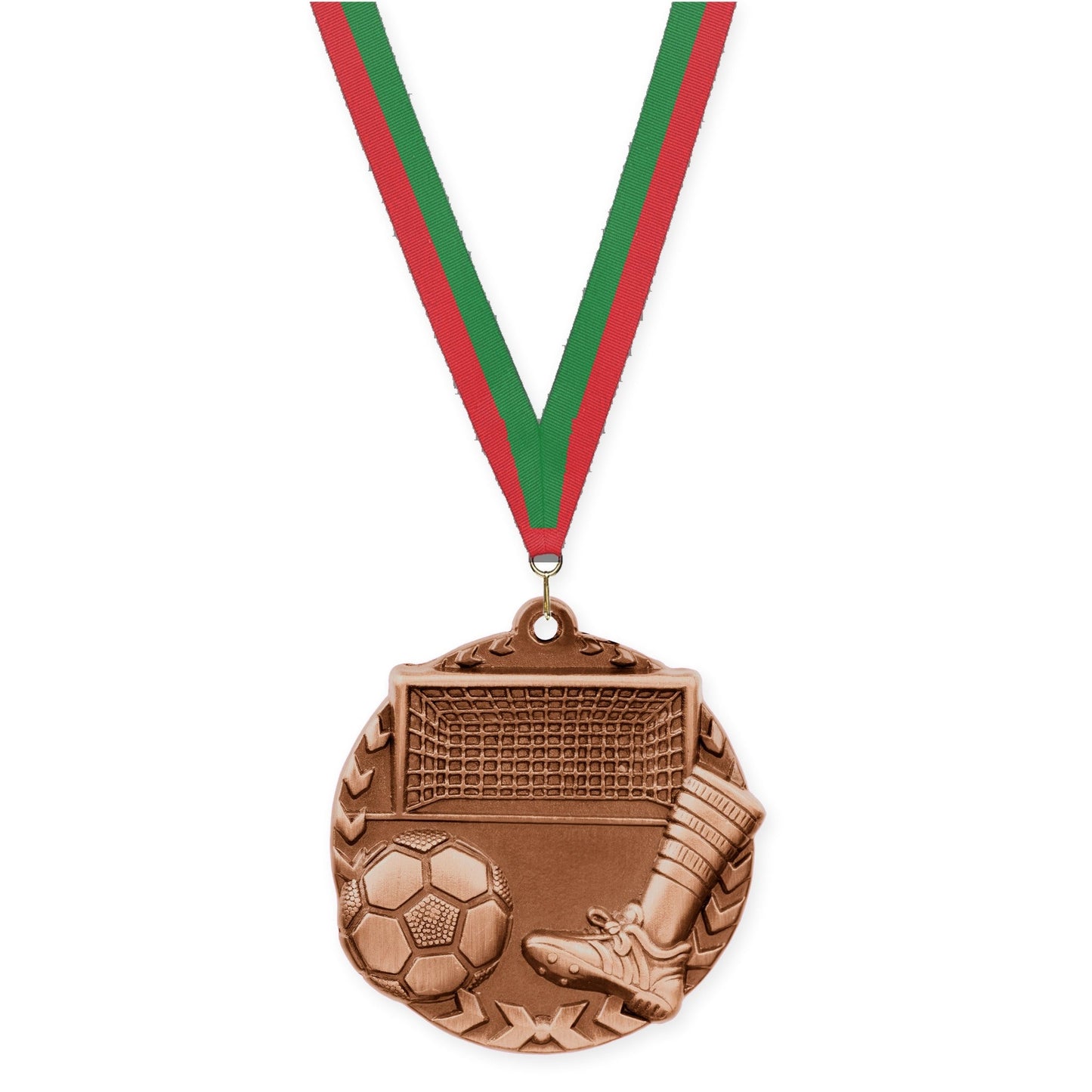 1 3/4 inch soccer Millennium medal in antique bronze with Red Green neck ribbon