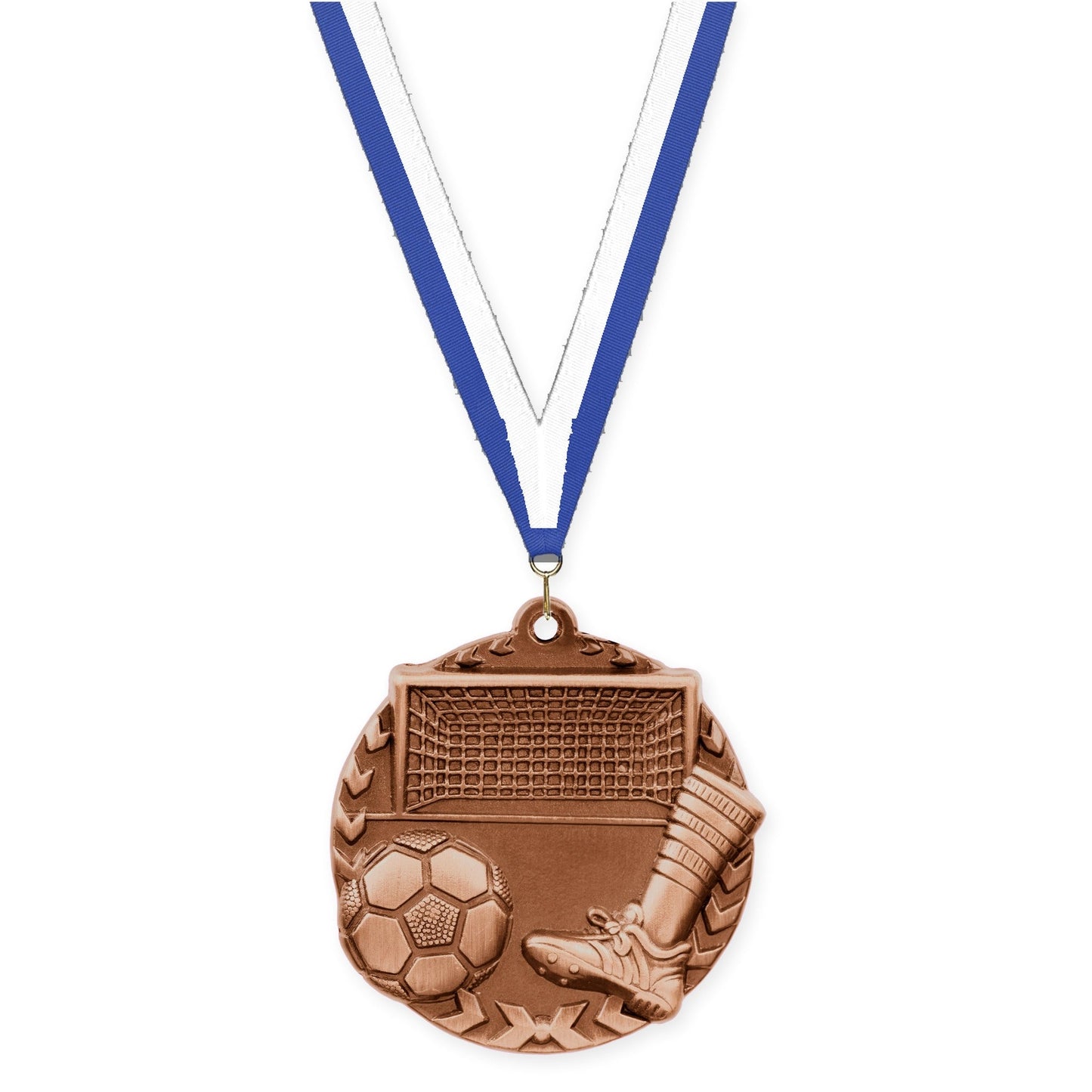 1 3/4 inch soccer Millennium medal in antique bronze with Blue White neck ribbon