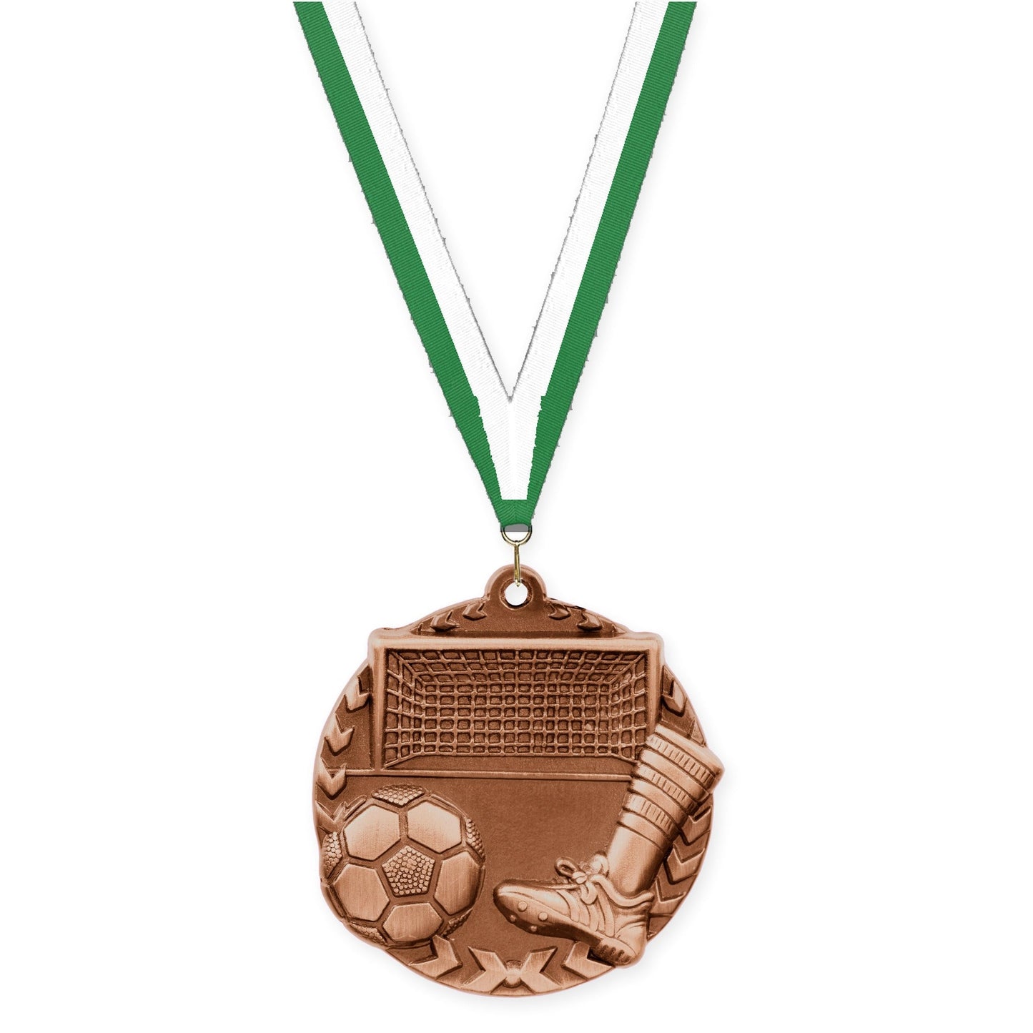 1 3/4 inch soccer Millennium medal in antique bronze with Green White neck ribbon