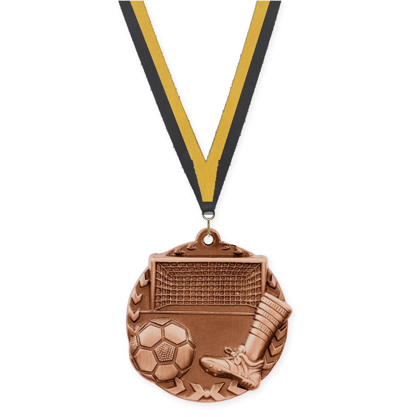 1 3/4 inch soccer Millennium medal in antique bronze with Black Gold neck ribbon