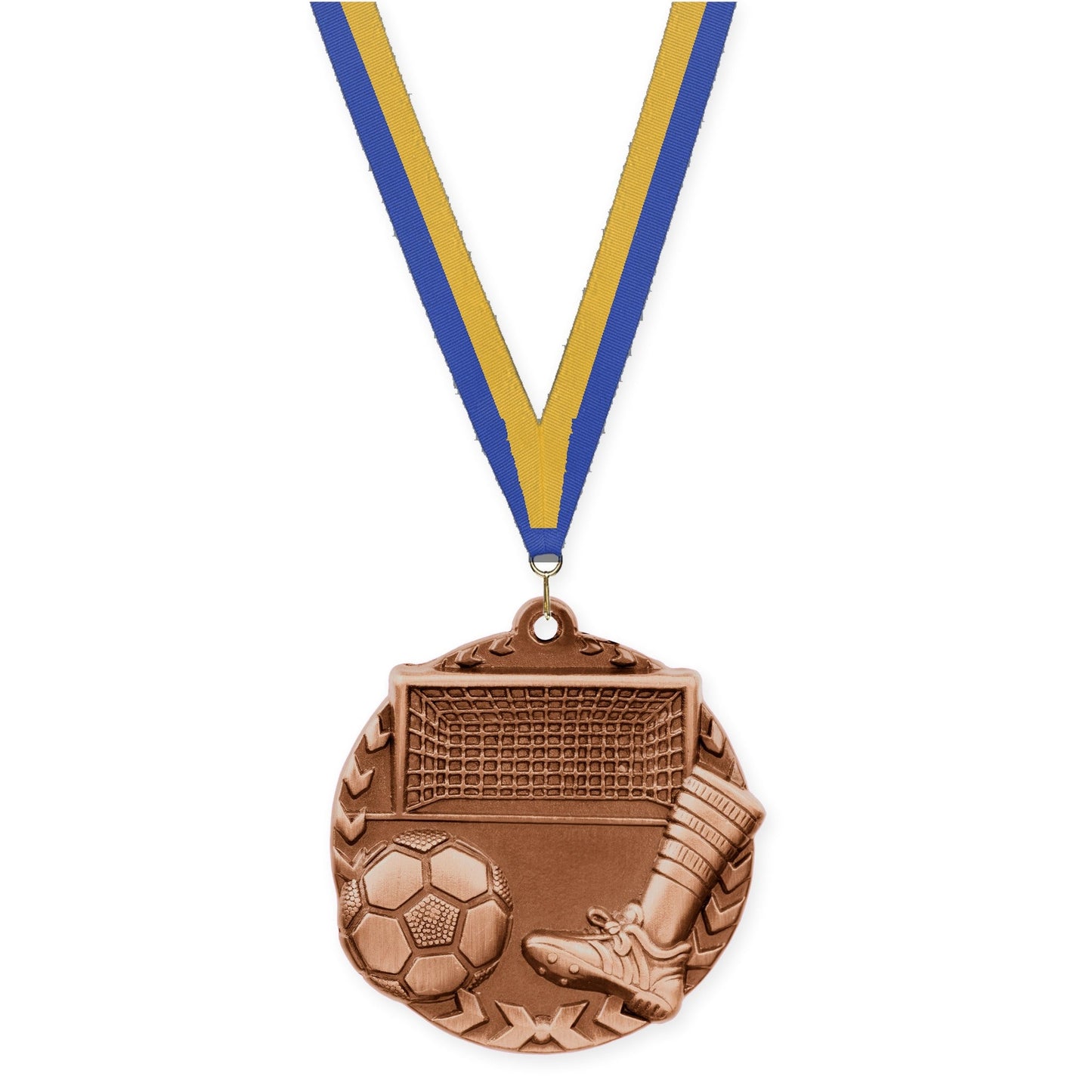 1 3/4 inch soccer Millennium medal in antique bronze with Blue Gold neck ribbon