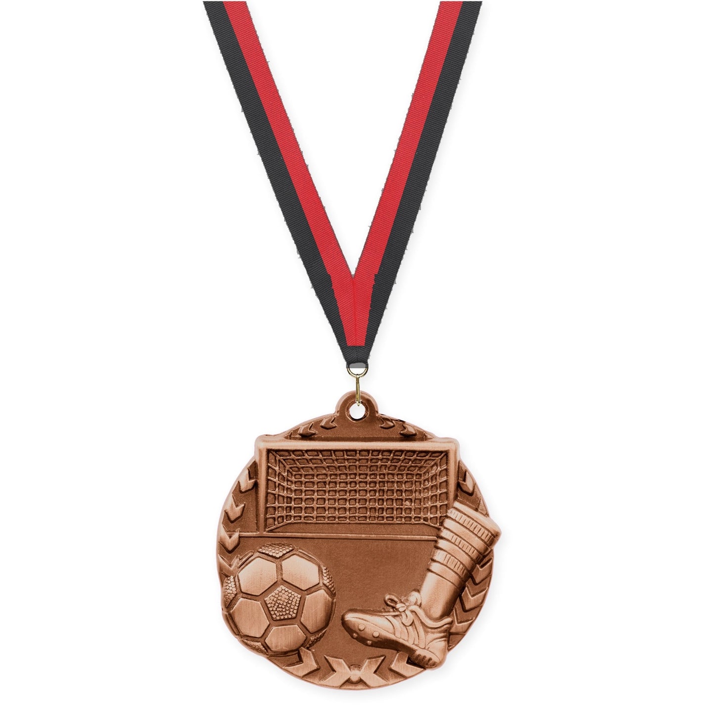 1 3/4 inch soccer Millennium medal in antique bronze with Black Red neck ribbon