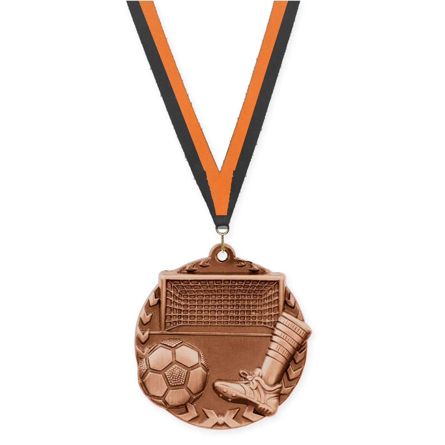 1 3/4 inch soccer Millennium medal in antique bronze with Black Orange neck ribbon
