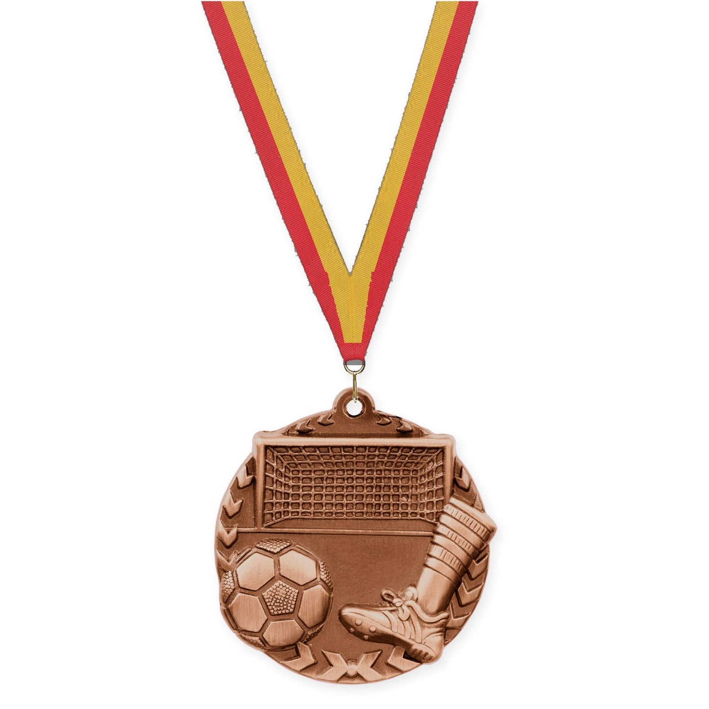 1 3/4 inch soccer Millennium medal in antique bronze with Red Gold neck ribbon