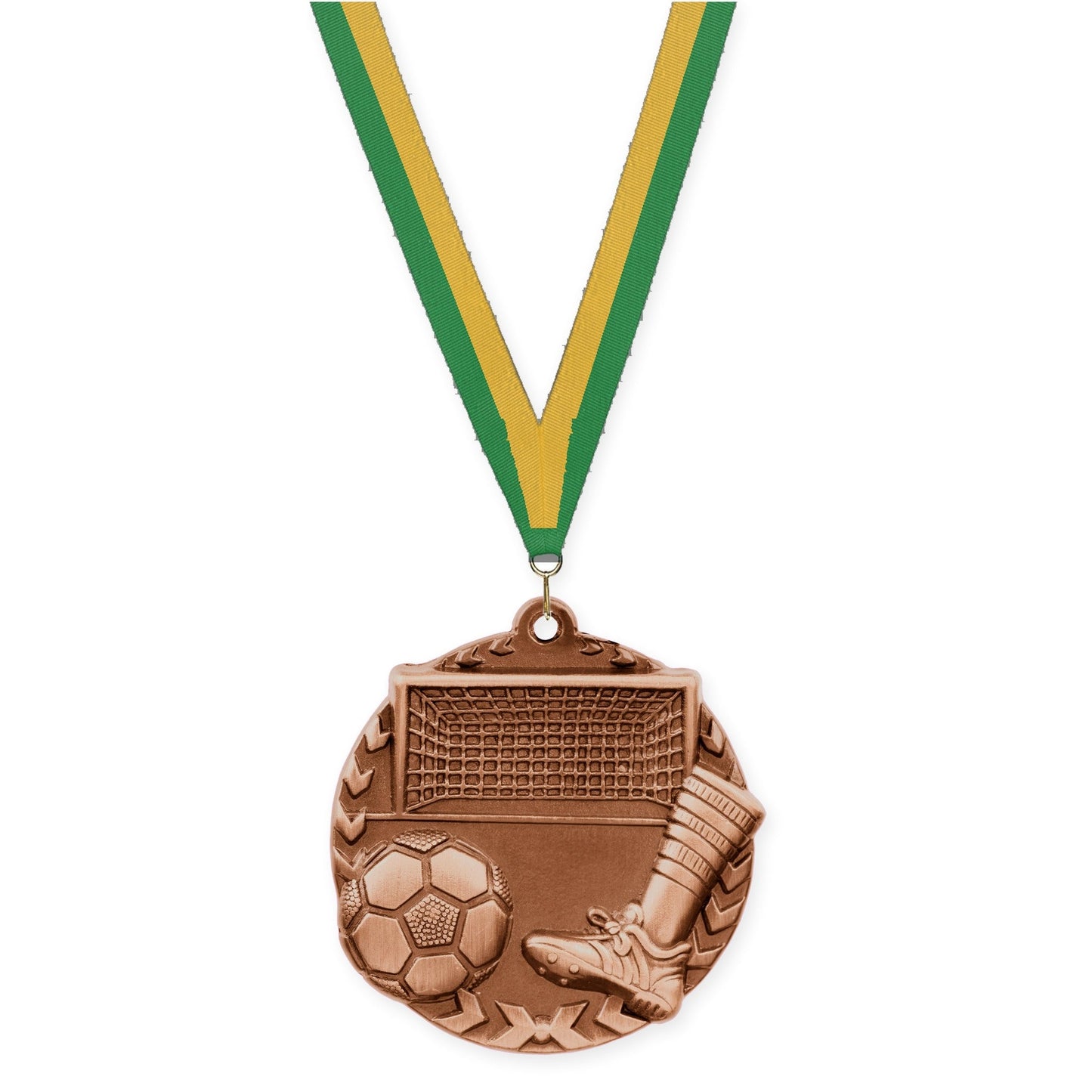 1 3/4 inch soccer Millennium medal in antique bronze with Green Gold neck ribbon