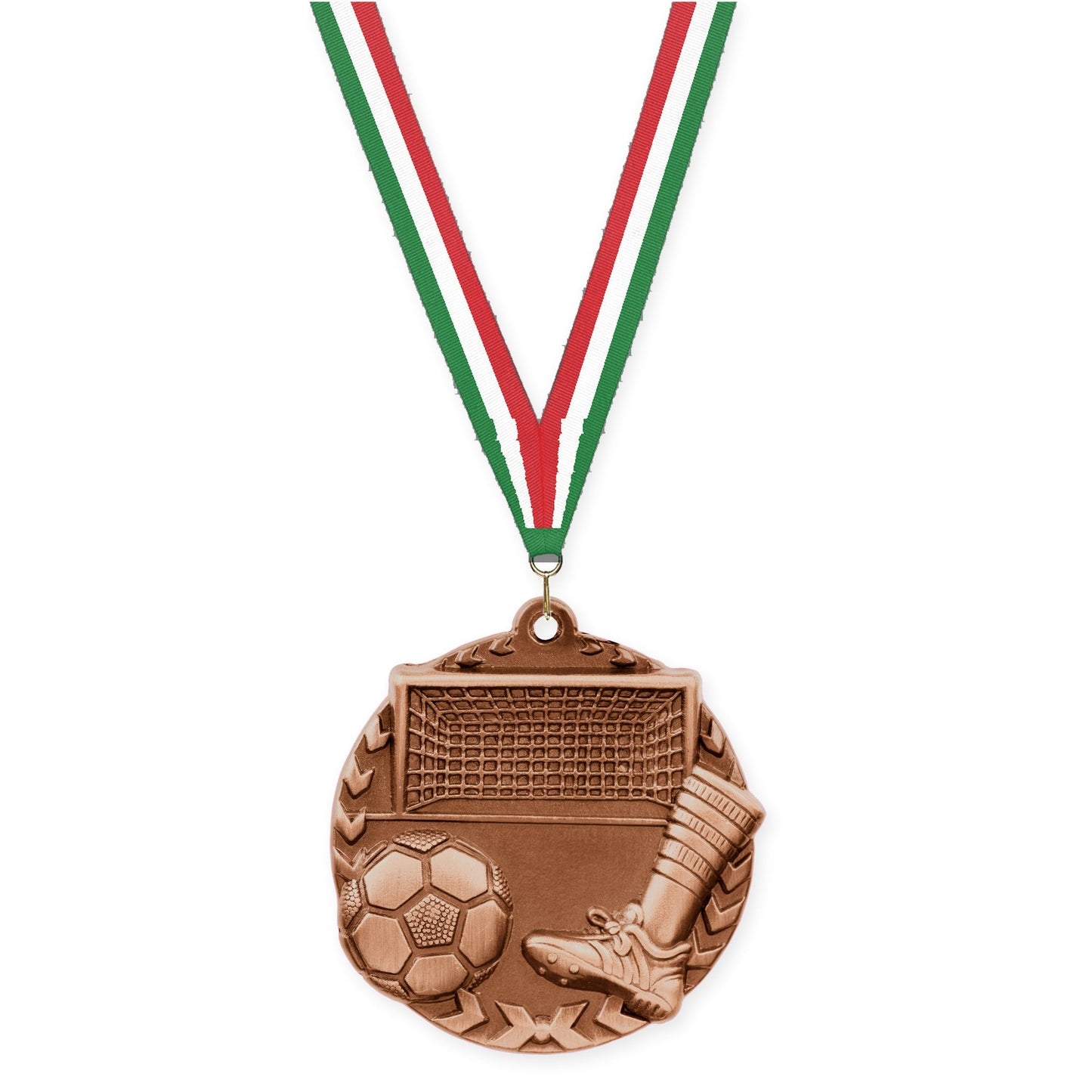 1 3/4 inch soccer Millennium medal in antique bronze with Green White Red neck ribbon