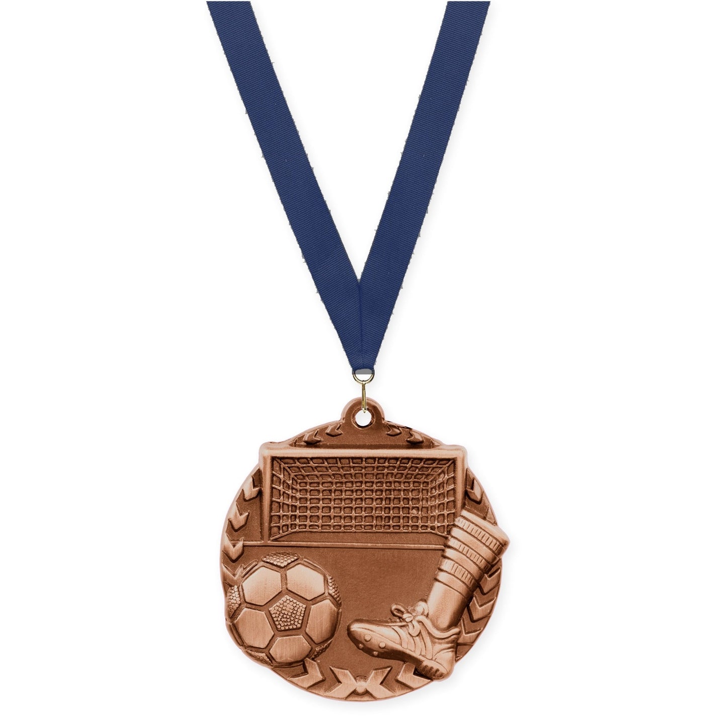 1 3/4 inch soccer Millennium medal in antique bronze with Navy neck ribbon