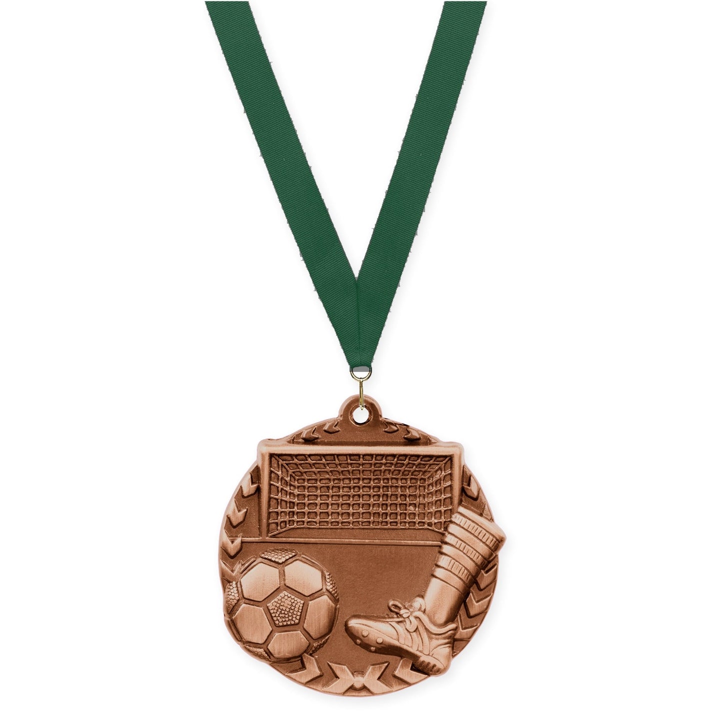 1 3/4 inch soccer Millennium medal in antique bronze with Hunter Green neck ribbon