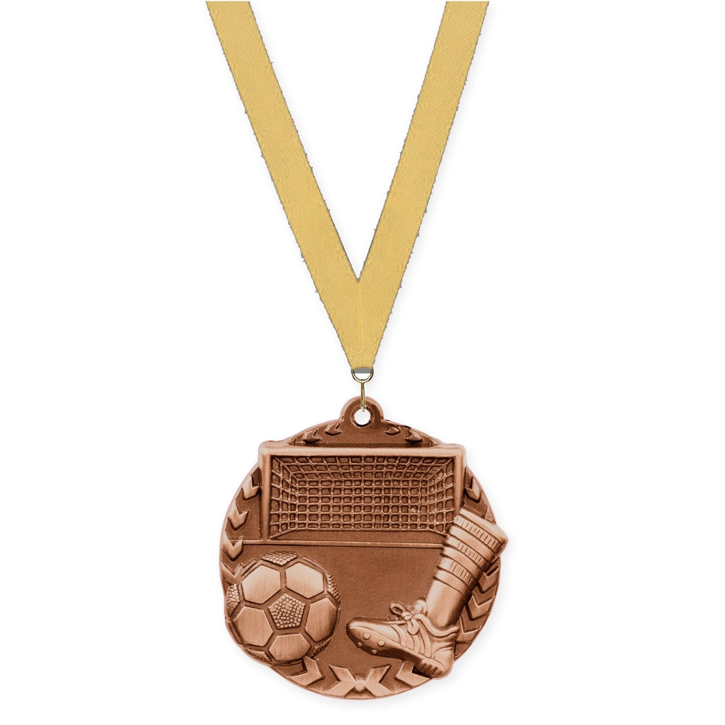1 3/4 inch soccer Millennium medal in antique bronze with Gold Metallic neck ribbon