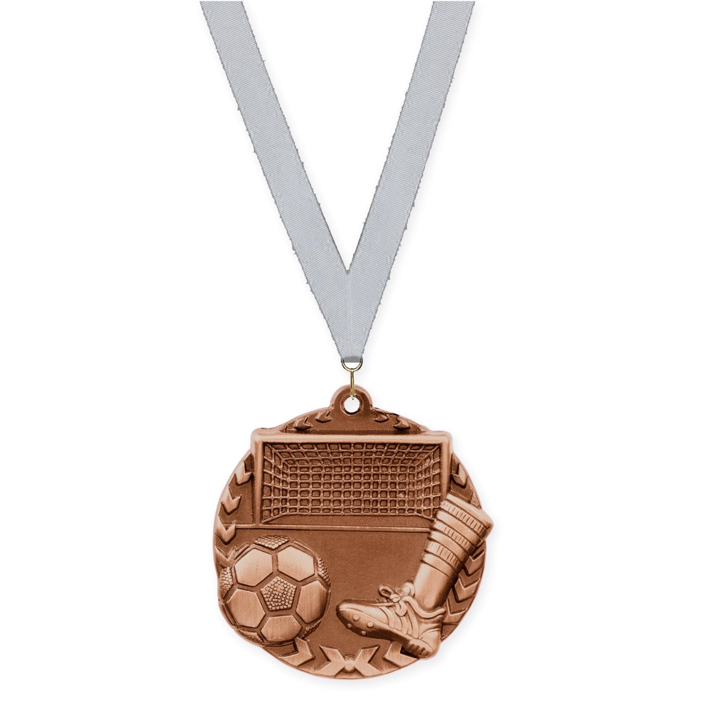 1 3/4 inch soccer Millennium medal in antique bronze with Silver Metallic neck ribbon