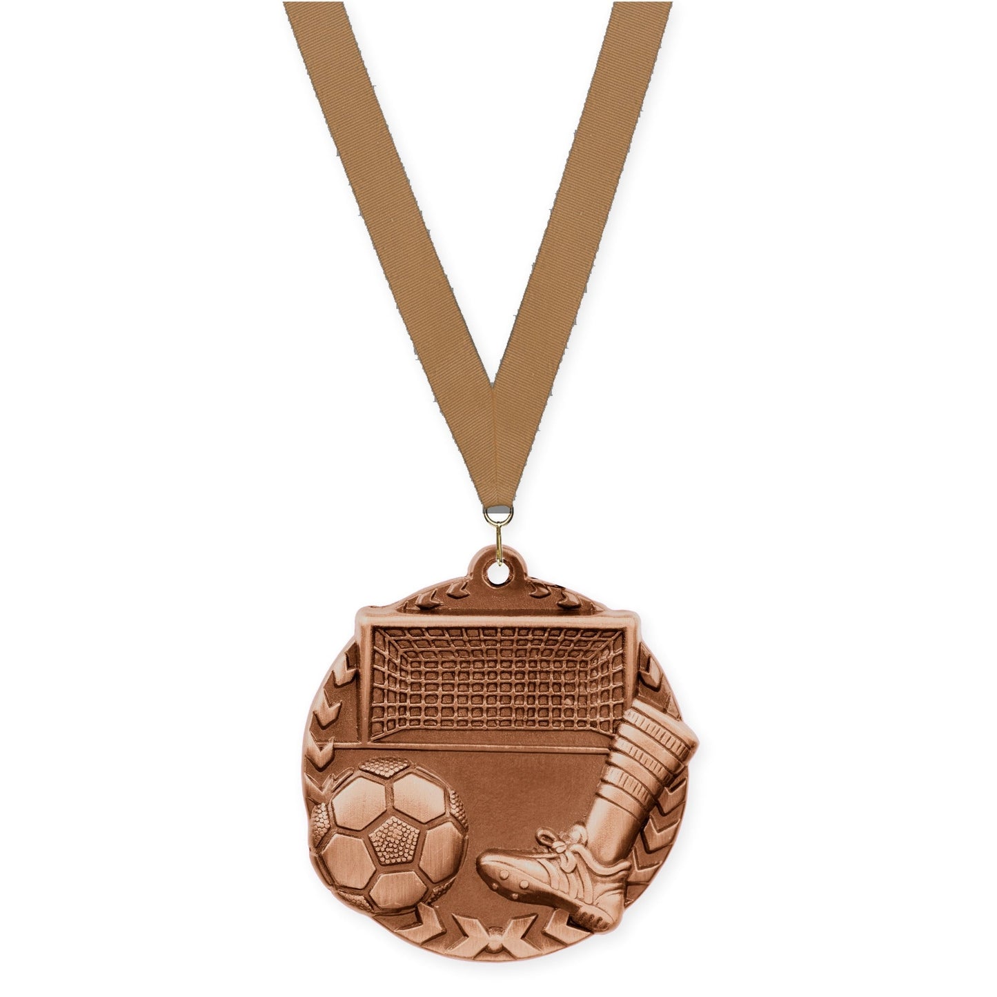1 3/4 inch soccer Millennium medal in antique bronze with Bronze Metallic neck ribbon