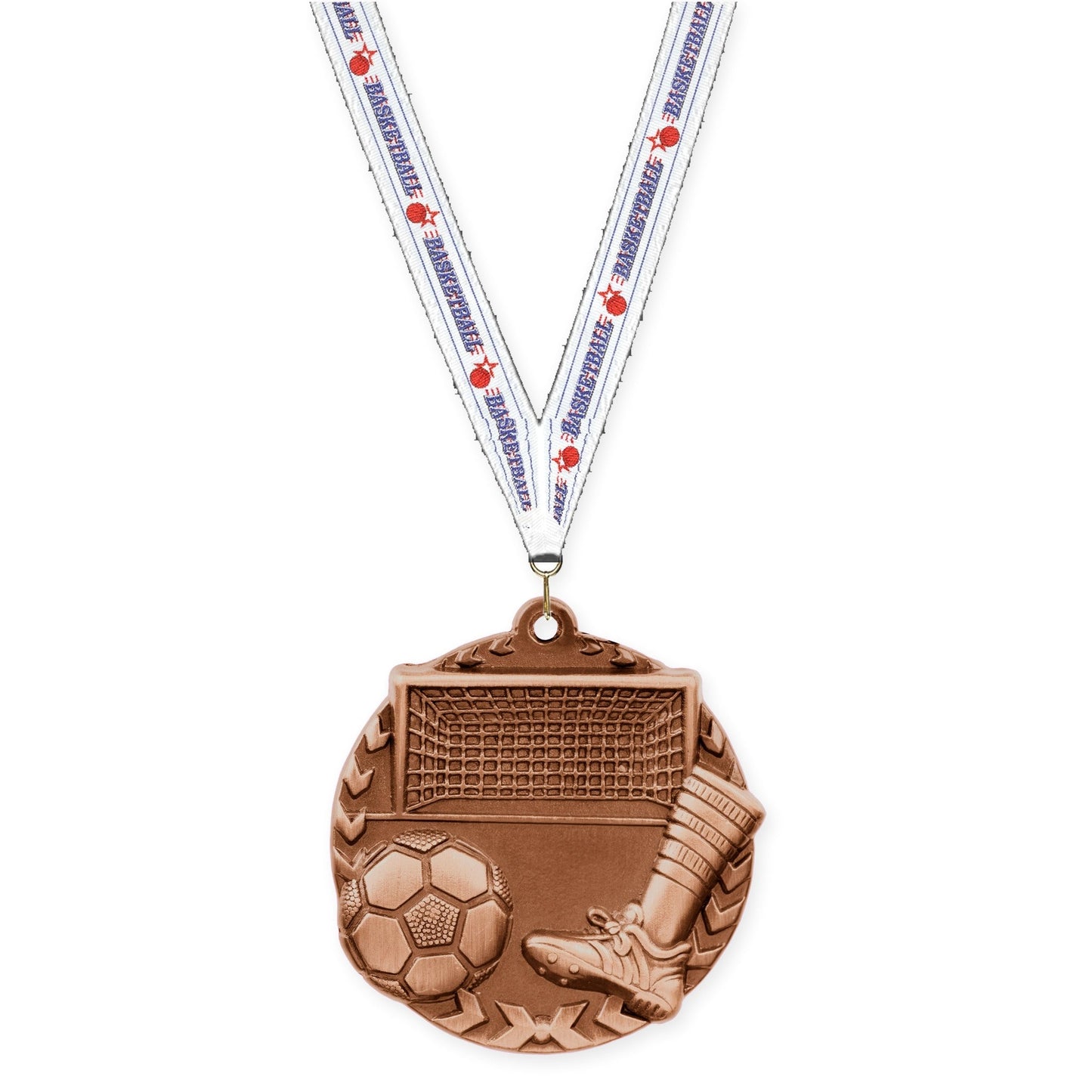 1 3/4 inch soccer Millennium medal in antique bronze with Basketball neck ribbon