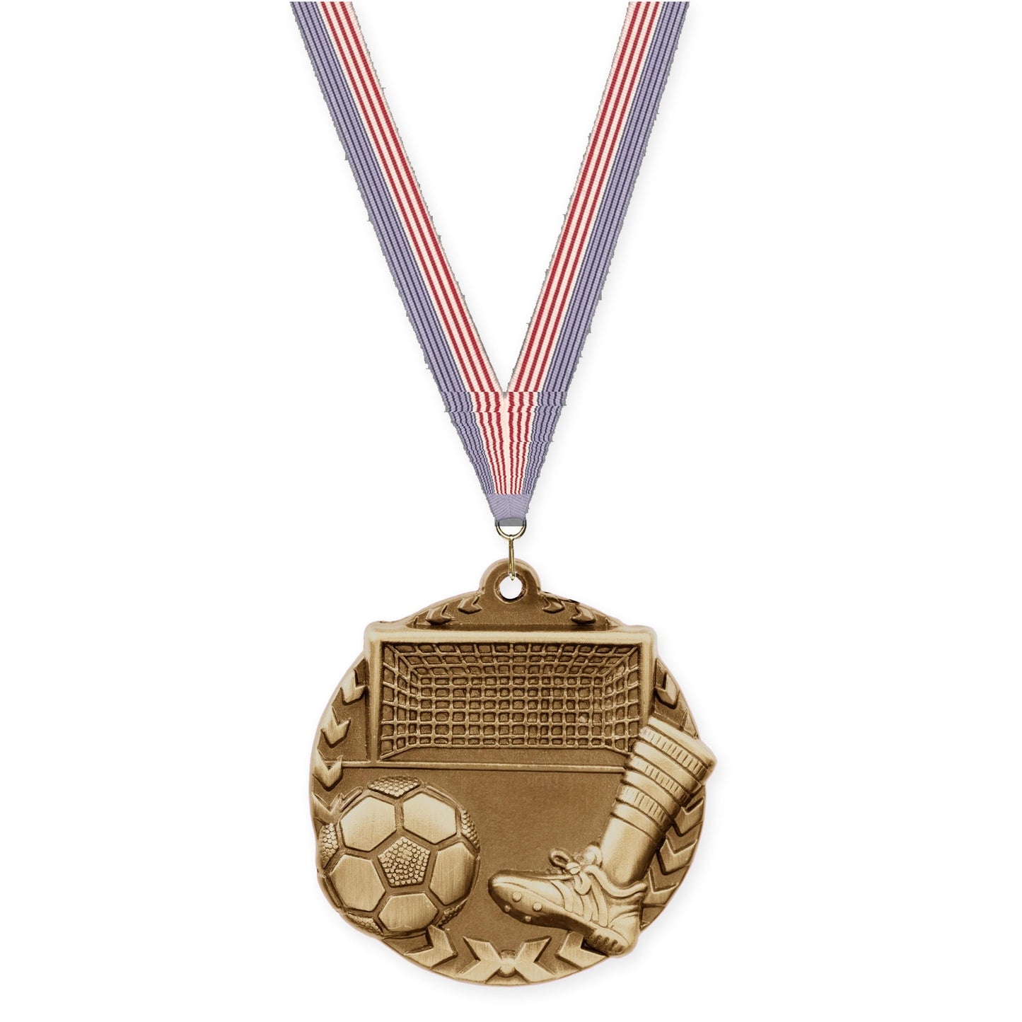 1 3/4 inch soccer Millennium medal in antique gold with USA Flag neck ribbon