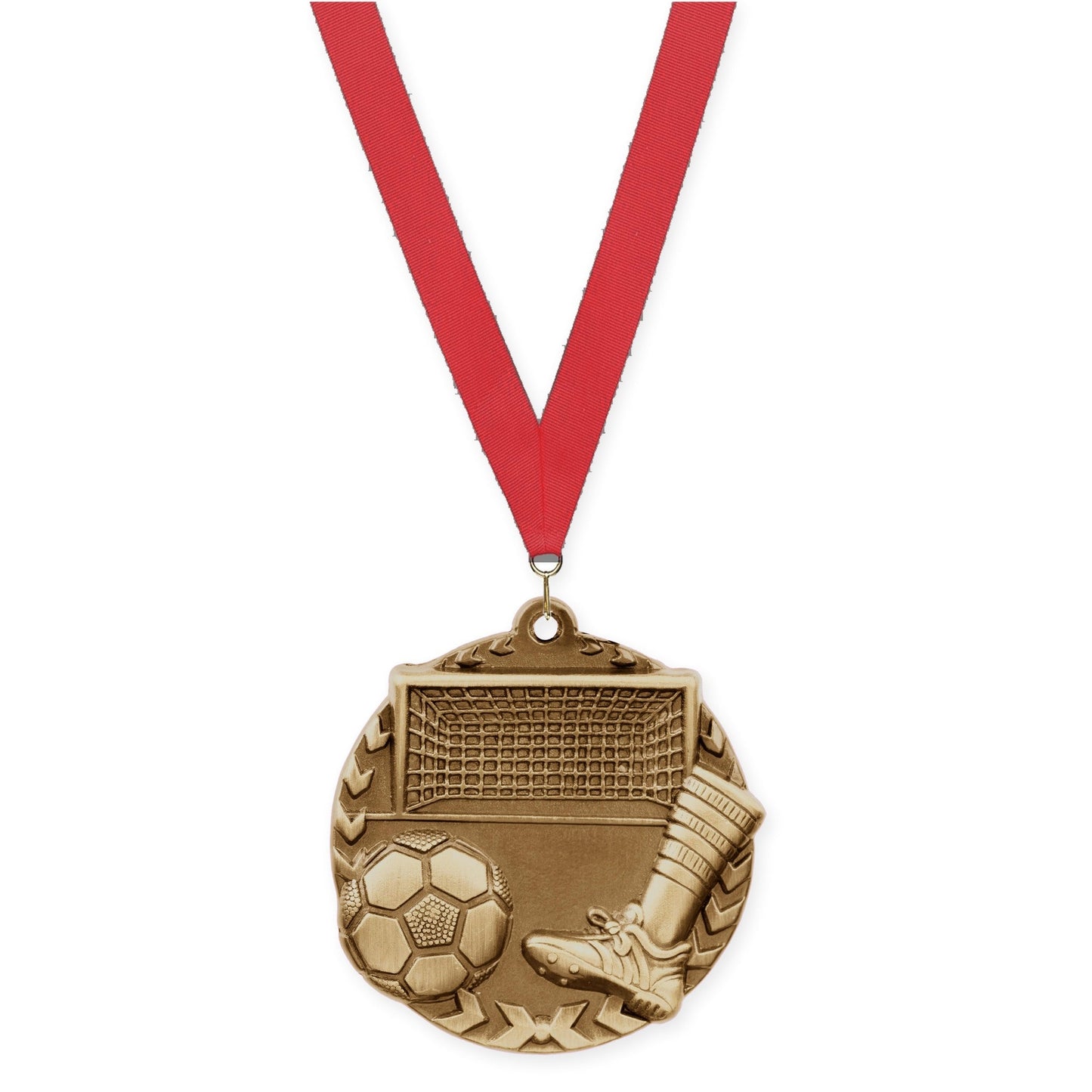 1 3/4 inch soccer Millennium medal in antique gold with Red neck ribbon