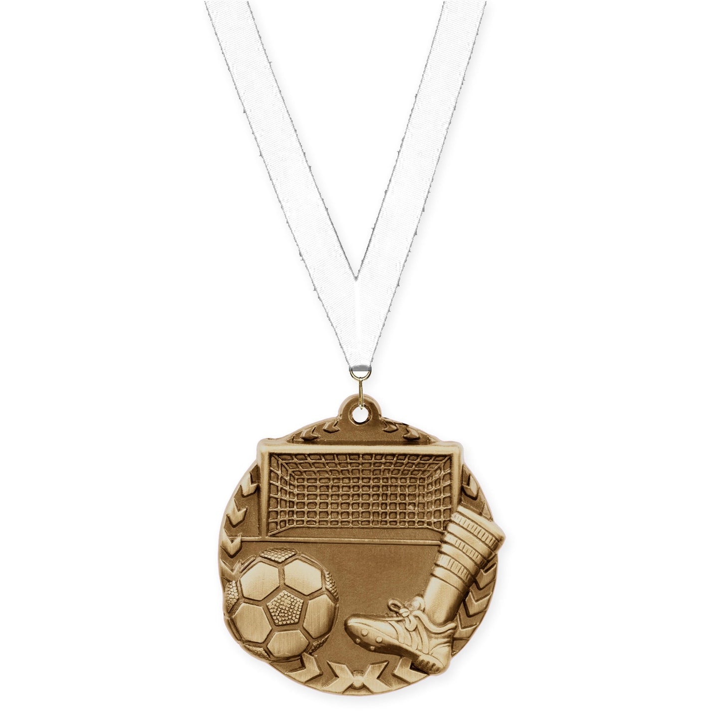 1 3/4 inch soccer Millennium medal in antique gold with White neck ribbon