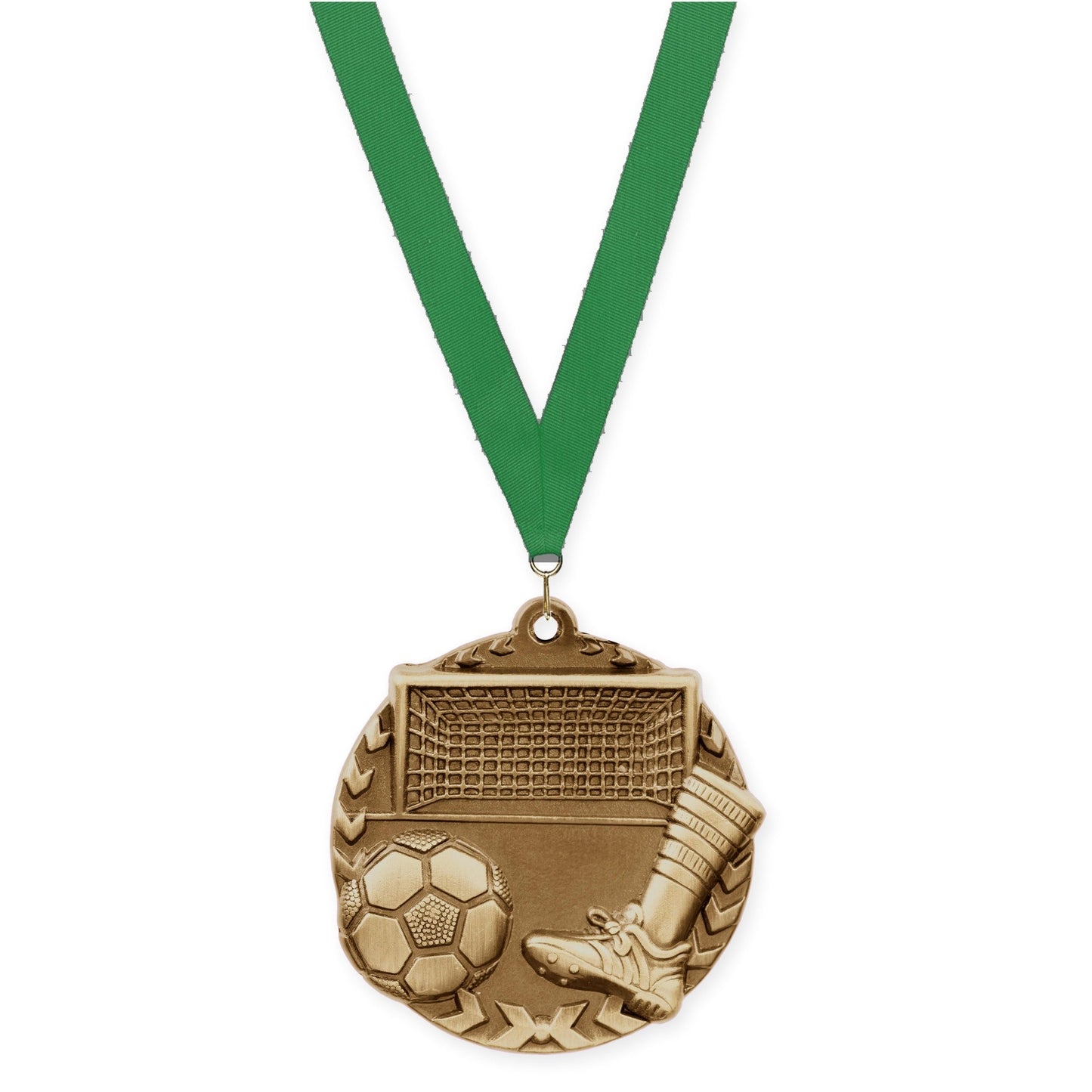 1 3/4 inch soccer Millennium medal in antique gold with Green neck ribbon