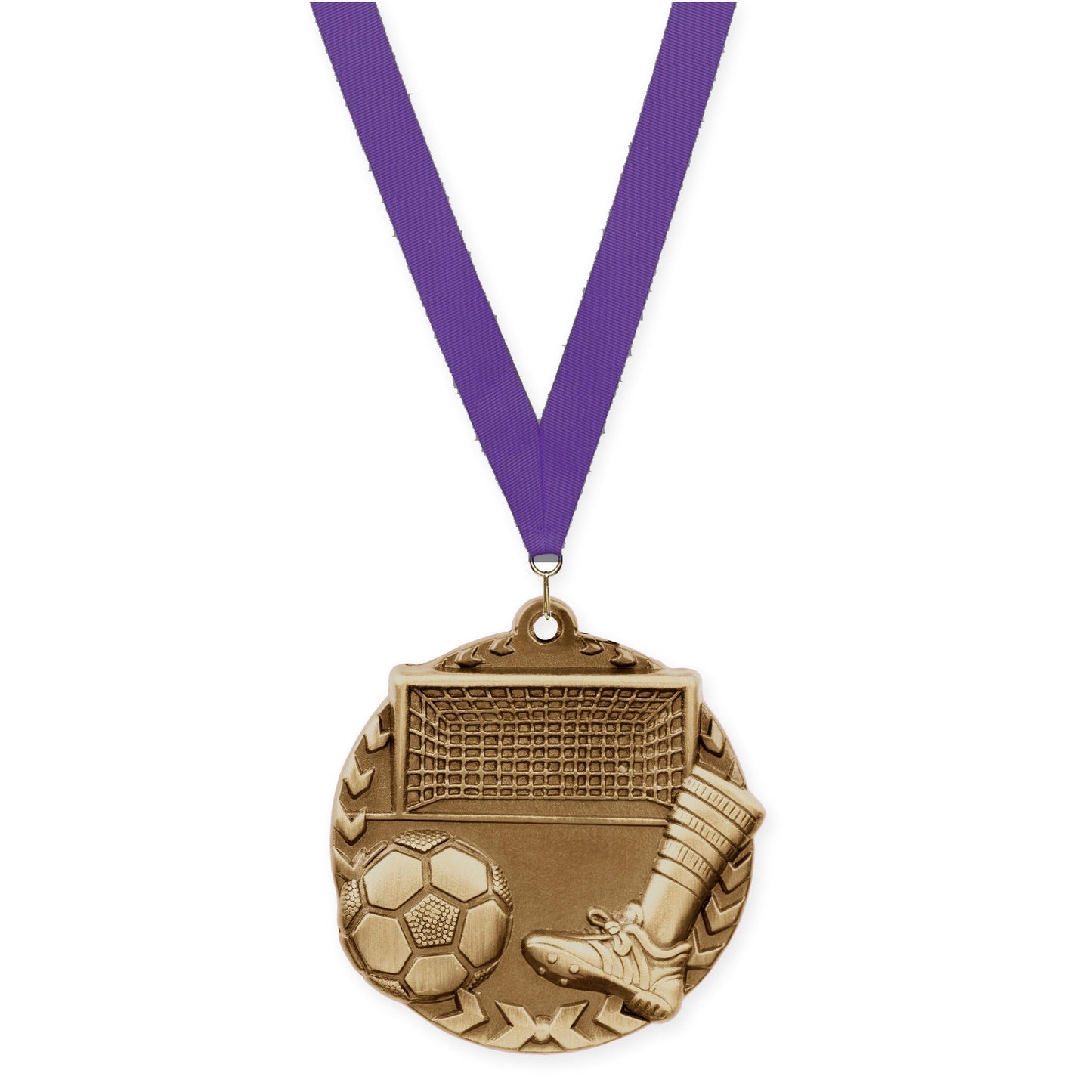 1 3/4 inch soccer Millennium medal in antique gold with Purple neck ribbon