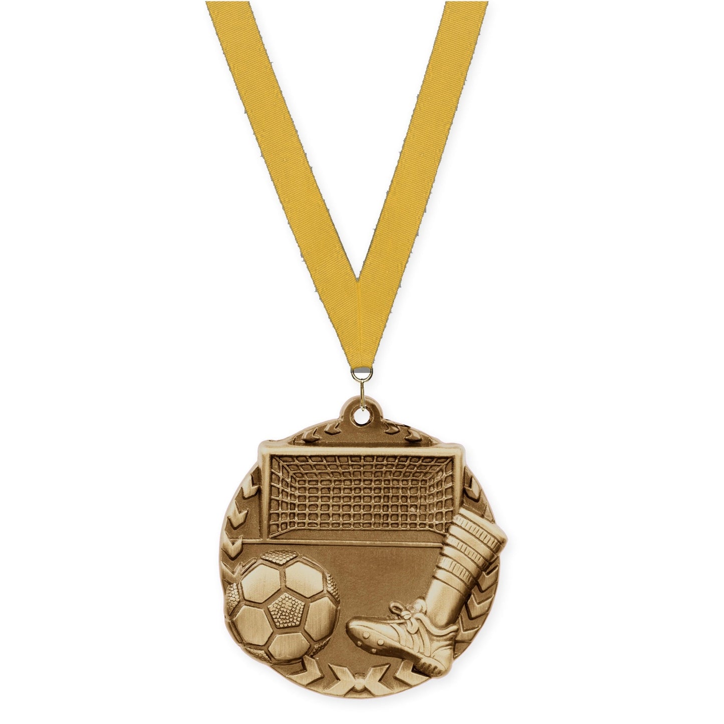 1 3/4 inch soccer Millennium medal in antique gold with Gold neck ribbon