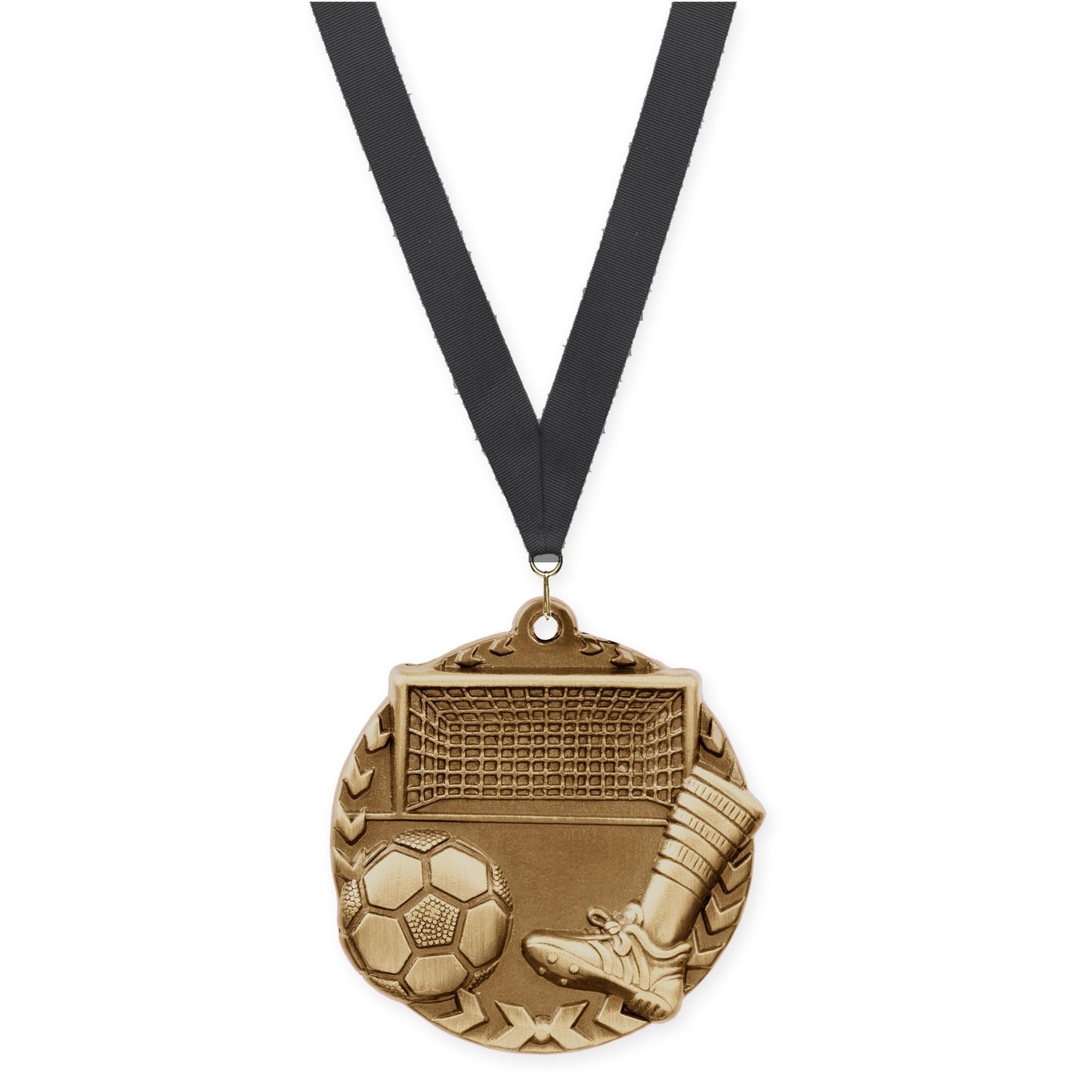 1 3/4 inch soccer Millennium medal in antique gold with Black neck ribbon