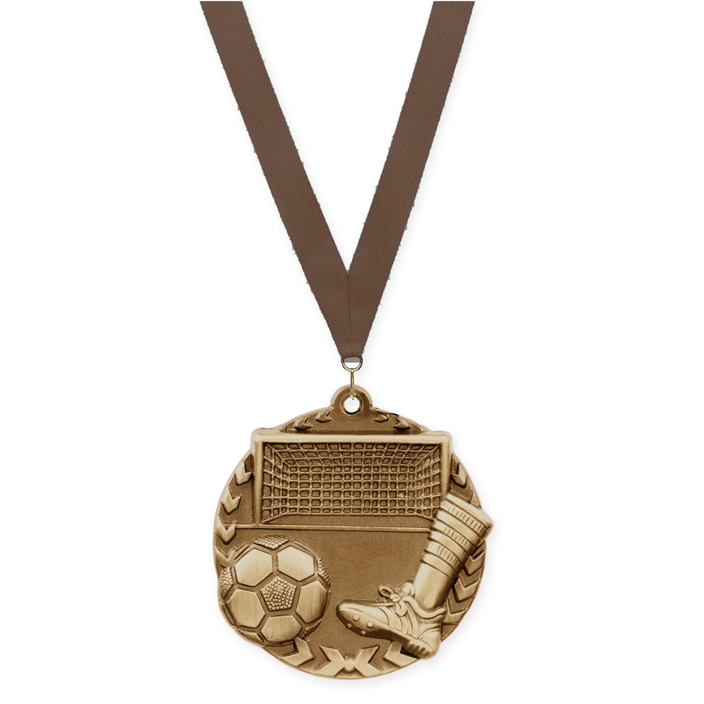 1 3/4 inch soccer Millennium medal in antique gold with Brown neck ribbon