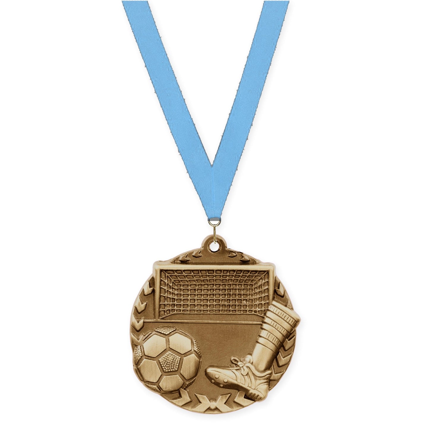 1 3/4 inch soccer Millennium medal in antique gold with Light Blue neck ribbon