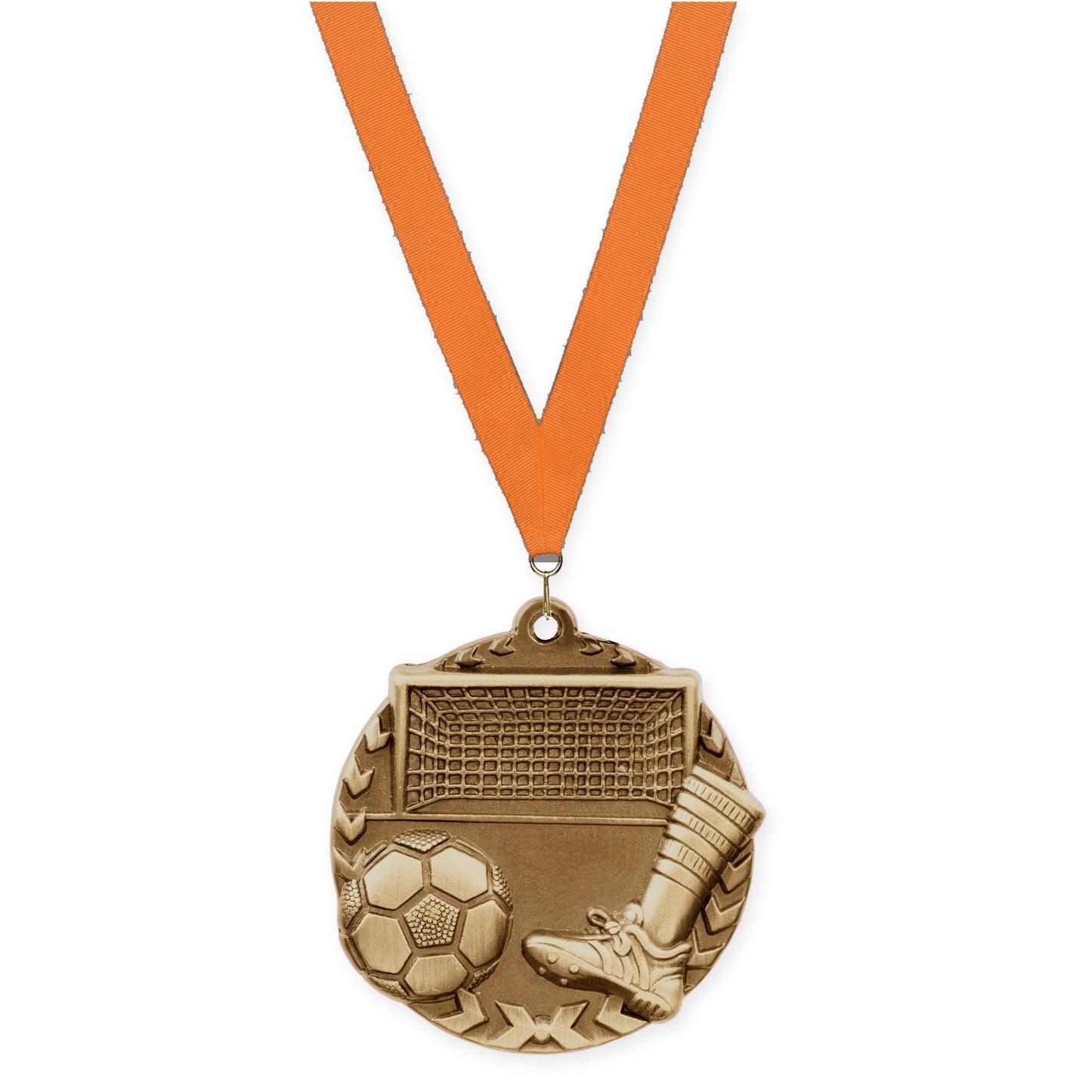1 3/4 inch soccer Millennium medal in antique gold with Orange neck ribbon