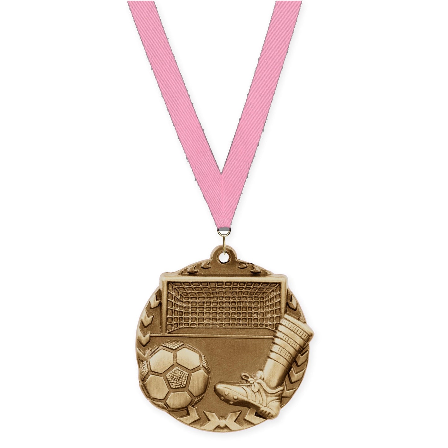 1 3/4 inch soccer Millennium medal in antique gold with Pink neck ribbon