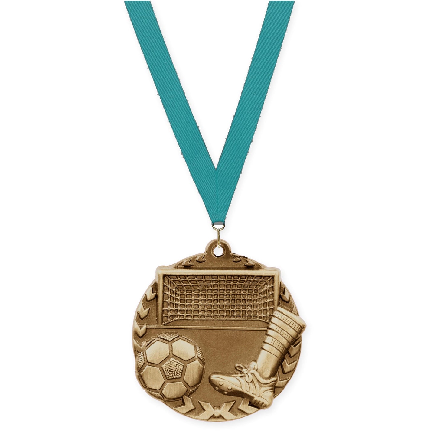 1 3/4 inch soccer Millennium medal in antique gold with Teal neck ribbon