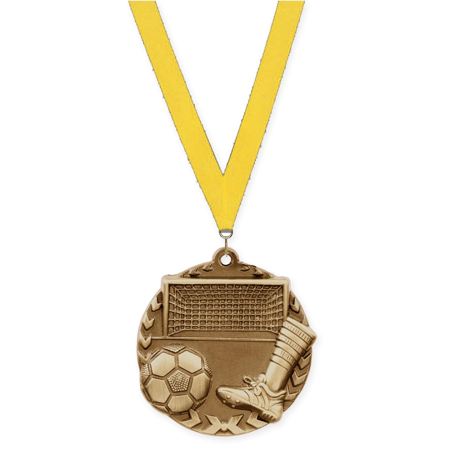 1 3/4 inch soccer Millennium medal in antique gold with Yellow neck ribbon
