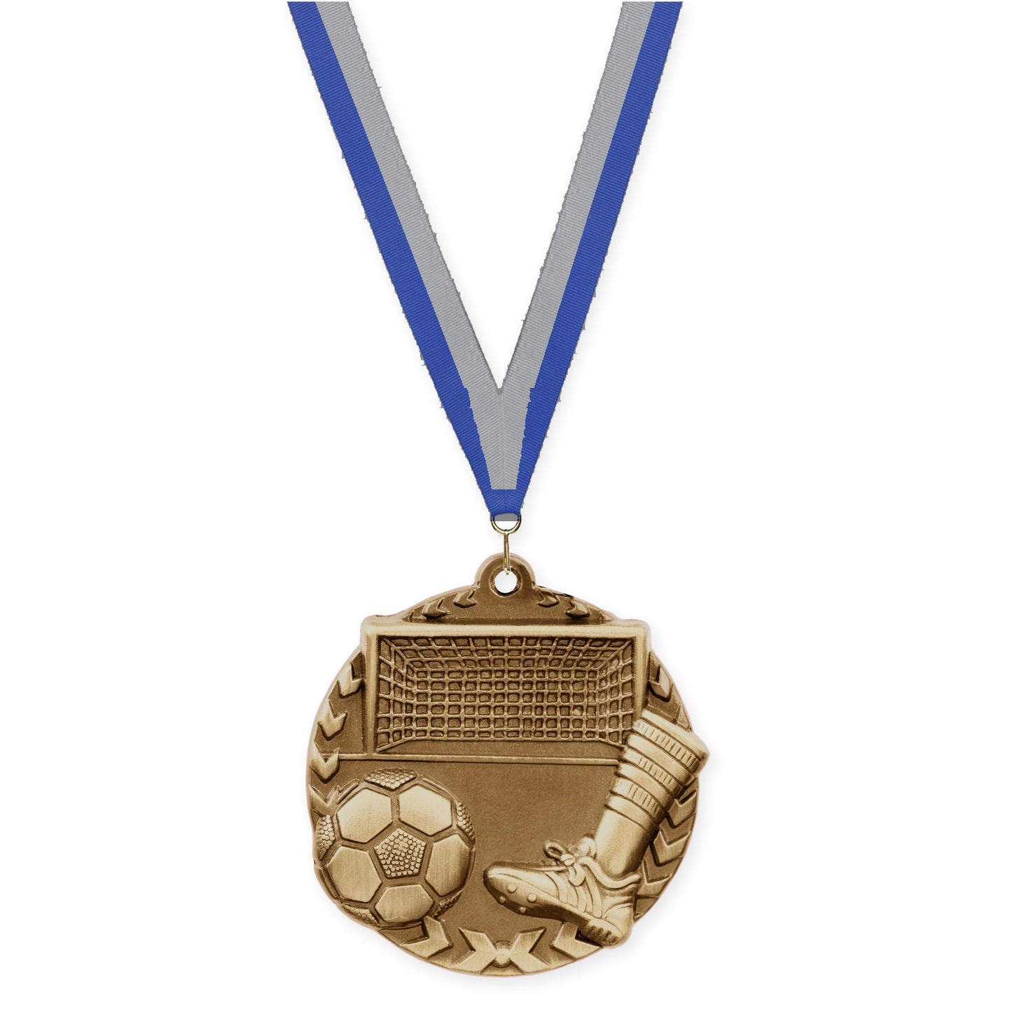 1 3/4 inch soccer Millennium medal in antique gold with Blue Gray neck ribbon