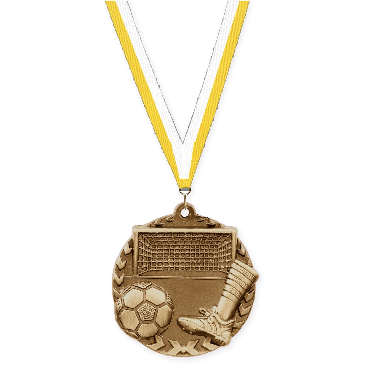 1 3/4 inch soccer Millennium medal in antique gold with Yellow White neck ribbon