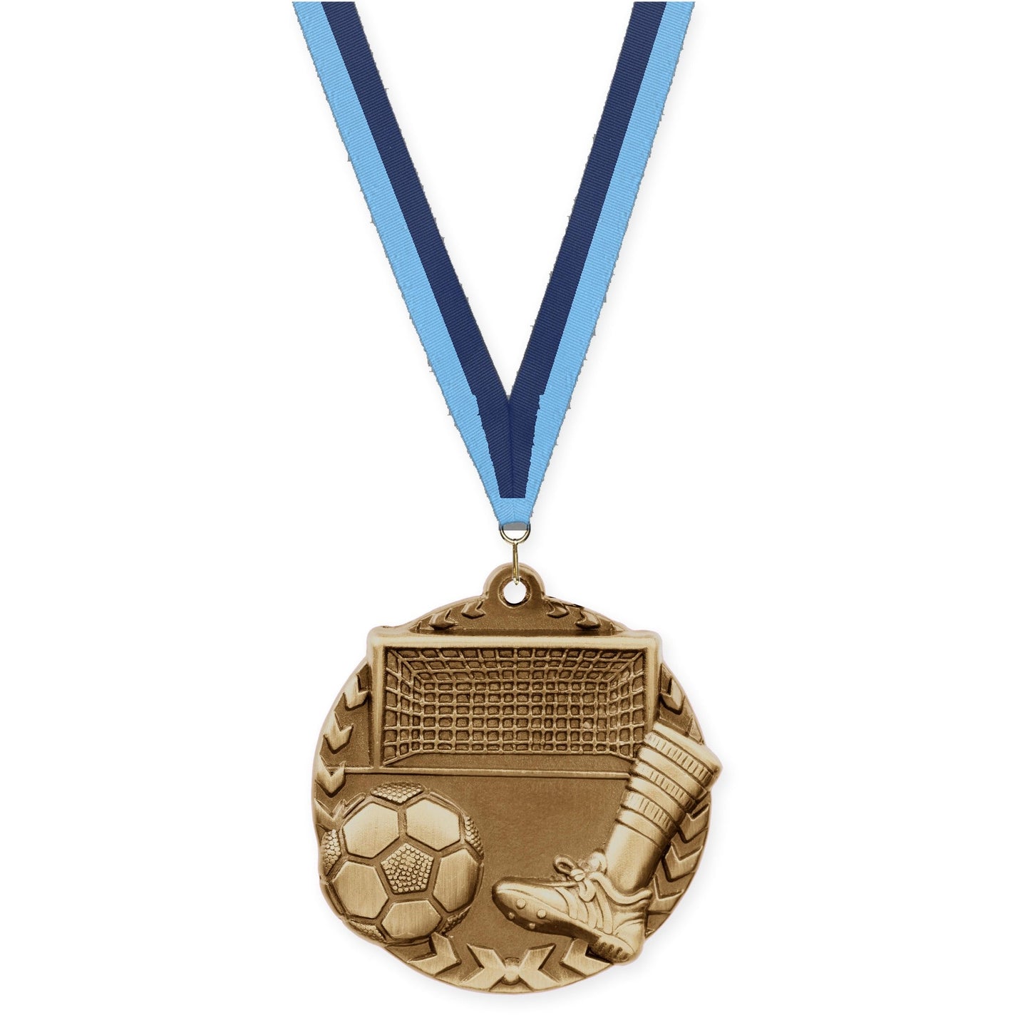 1 3/4 inch soccer Millennium medal in antique gold with Light Blue Navy neck ribbon