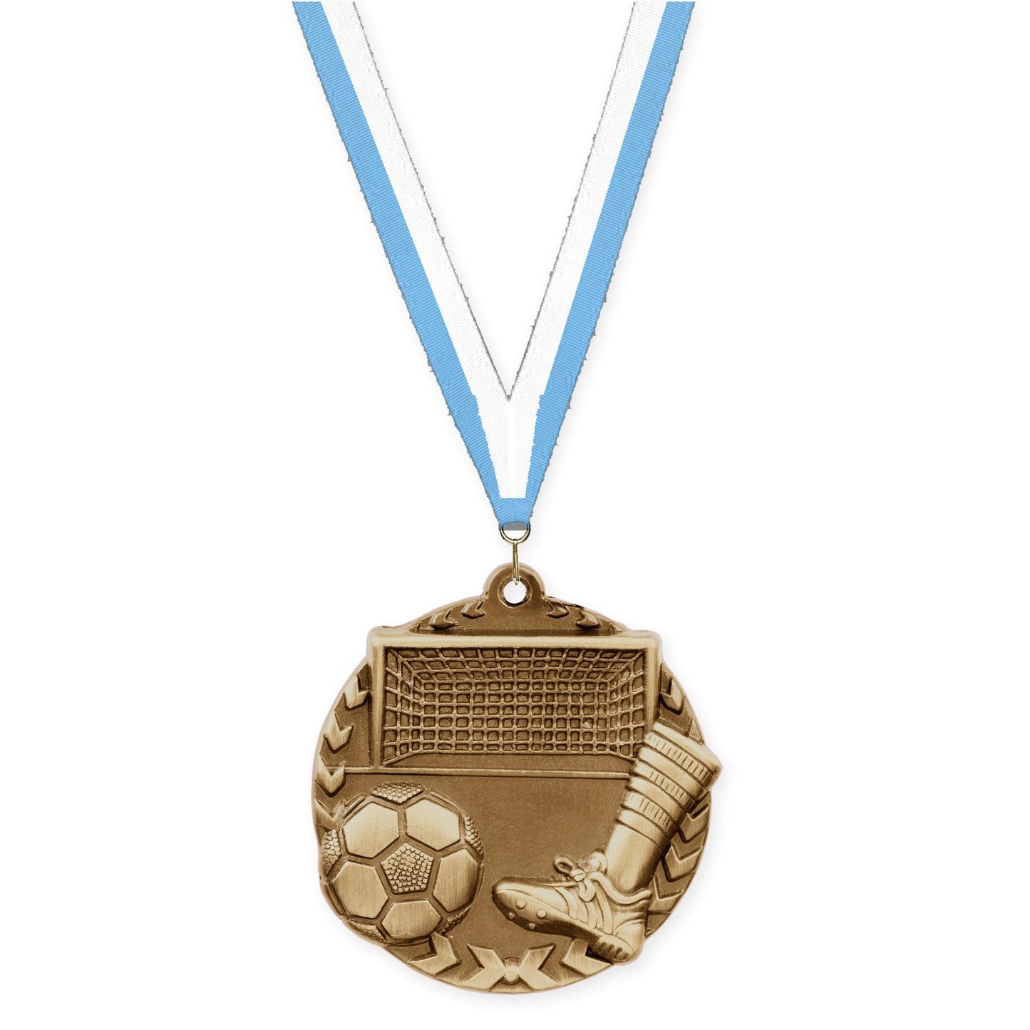 1 3/4 inch soccer Millennium medal in antique gold with Light Blue White neck ribbon
