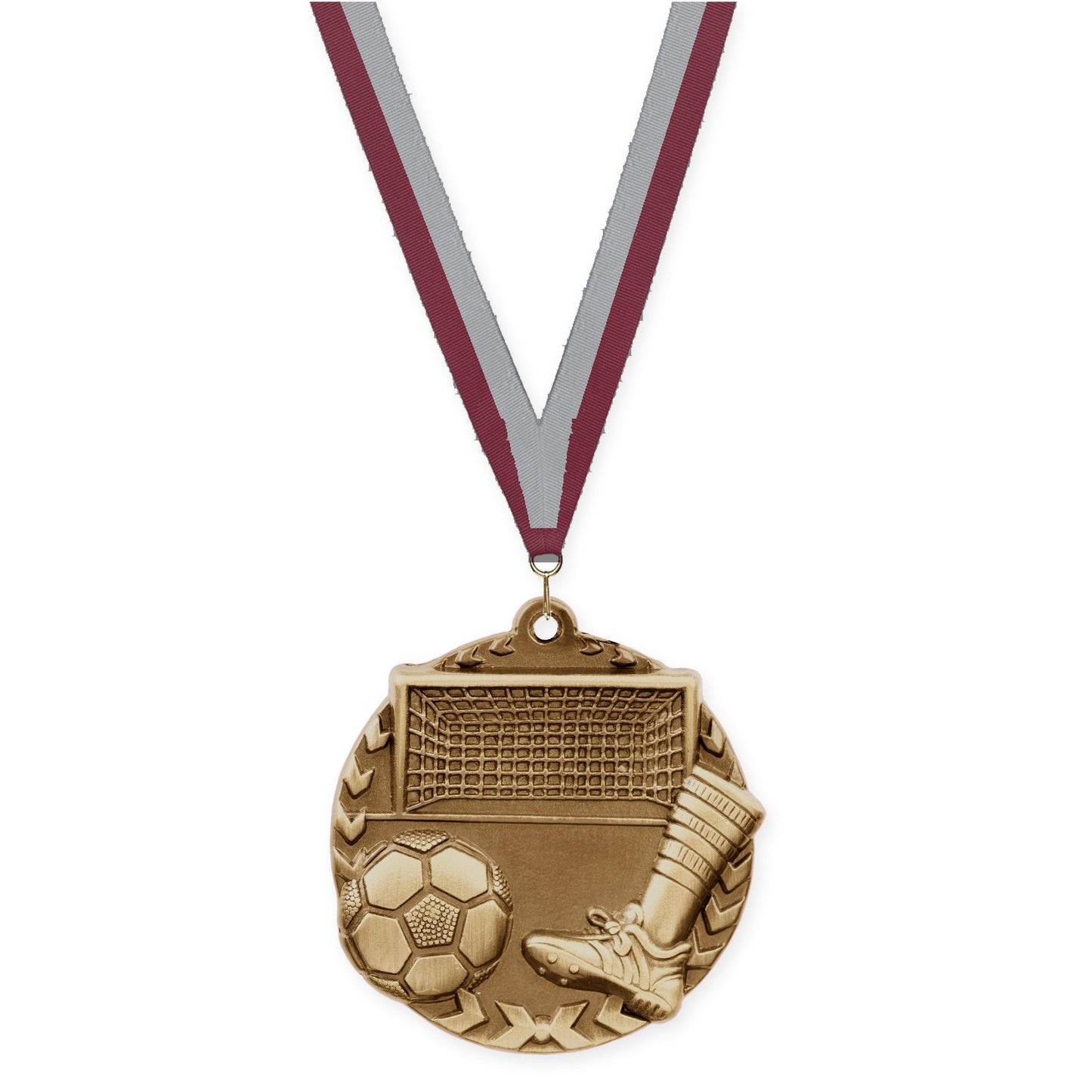 1 3/4 inch soccer Millennium medal in antique gold with Maroon Gray neck ribbon