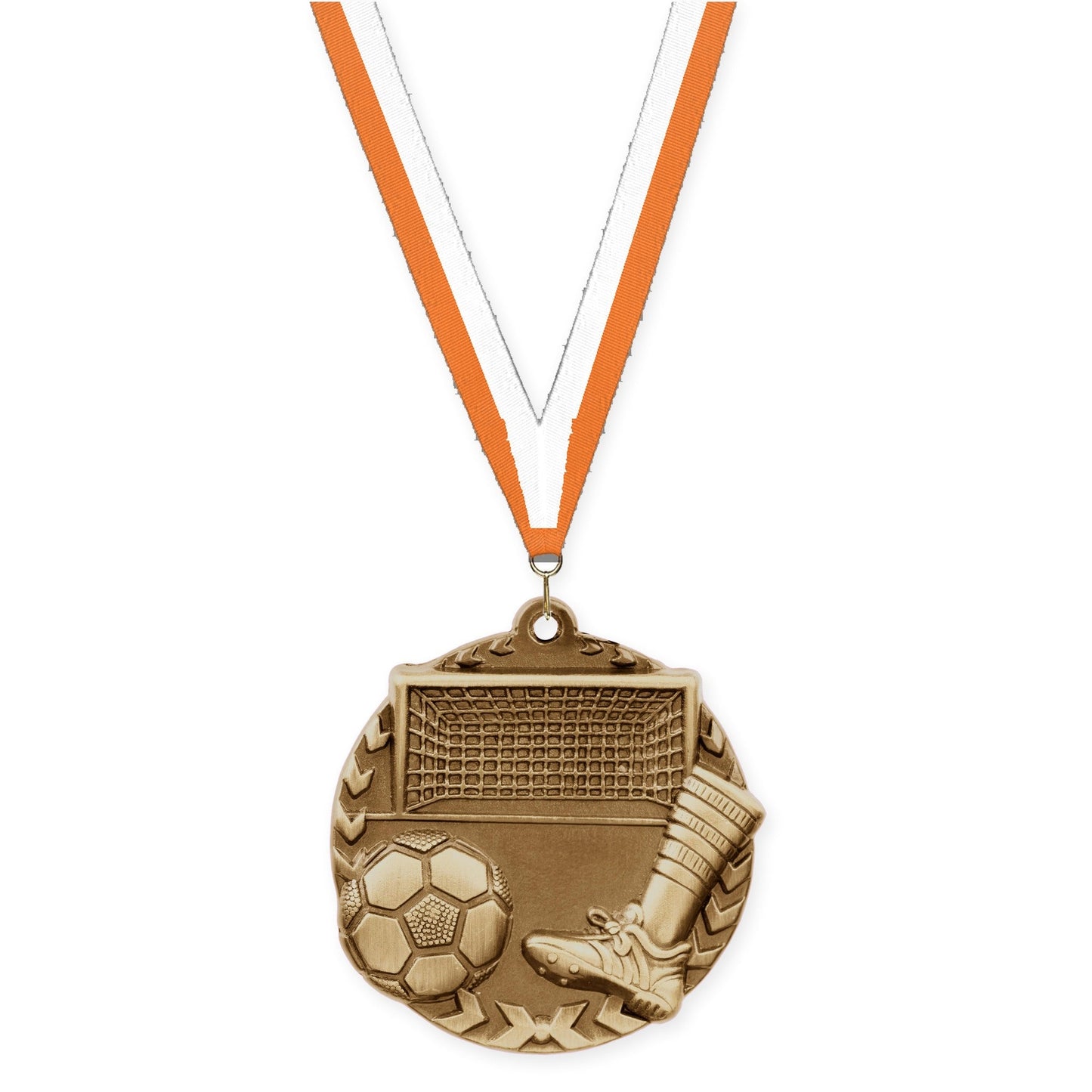 1 3/4 inch soccer Millennium medal in antique gold with Orange White neck ribbon