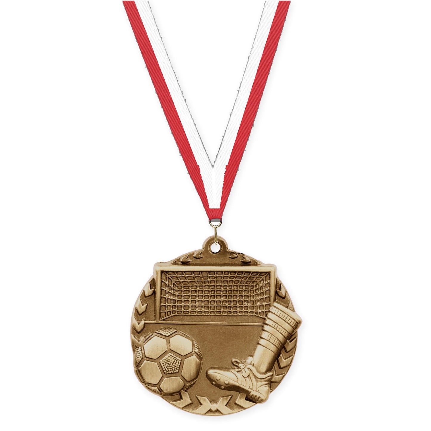 1 3/4 inch soccer Millennium medal in antique gold with Red White neck ribbon
